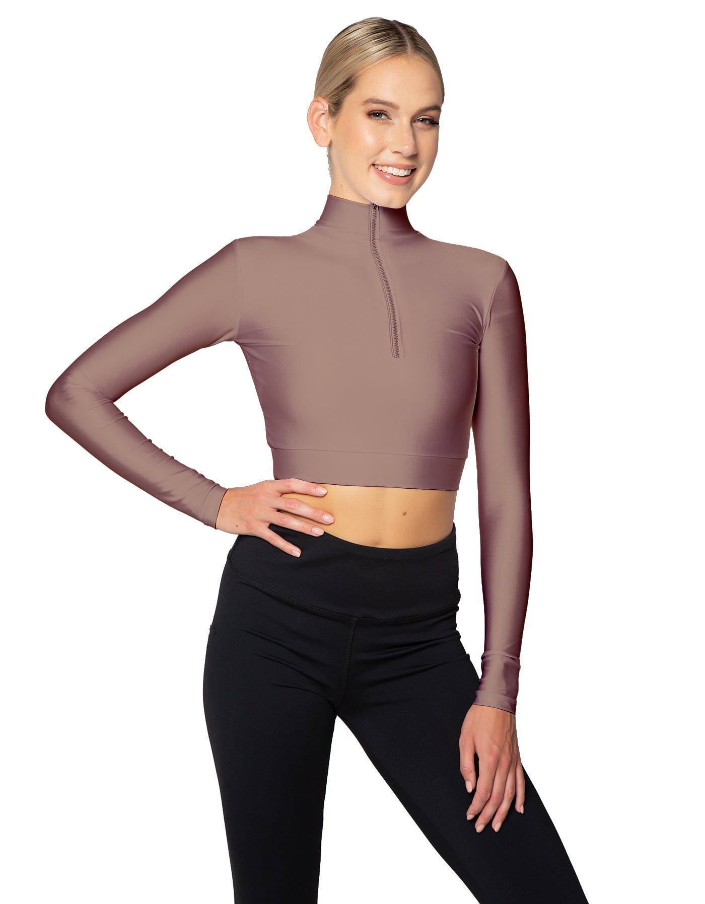 Solid Lycra LS Tneck Zipper Front Crop Top