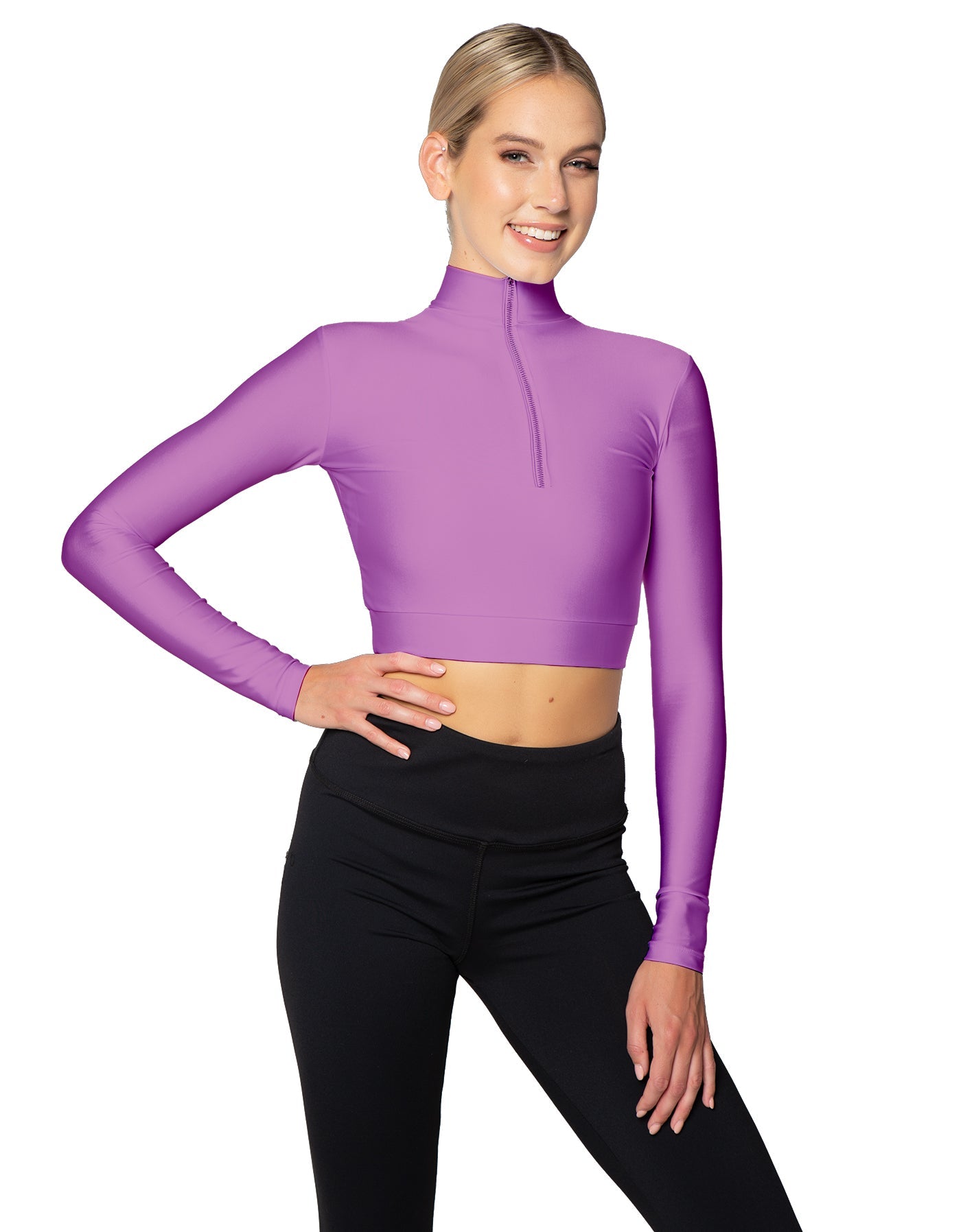 Solid Lycra LS Tneck Zipper Front Crop Top