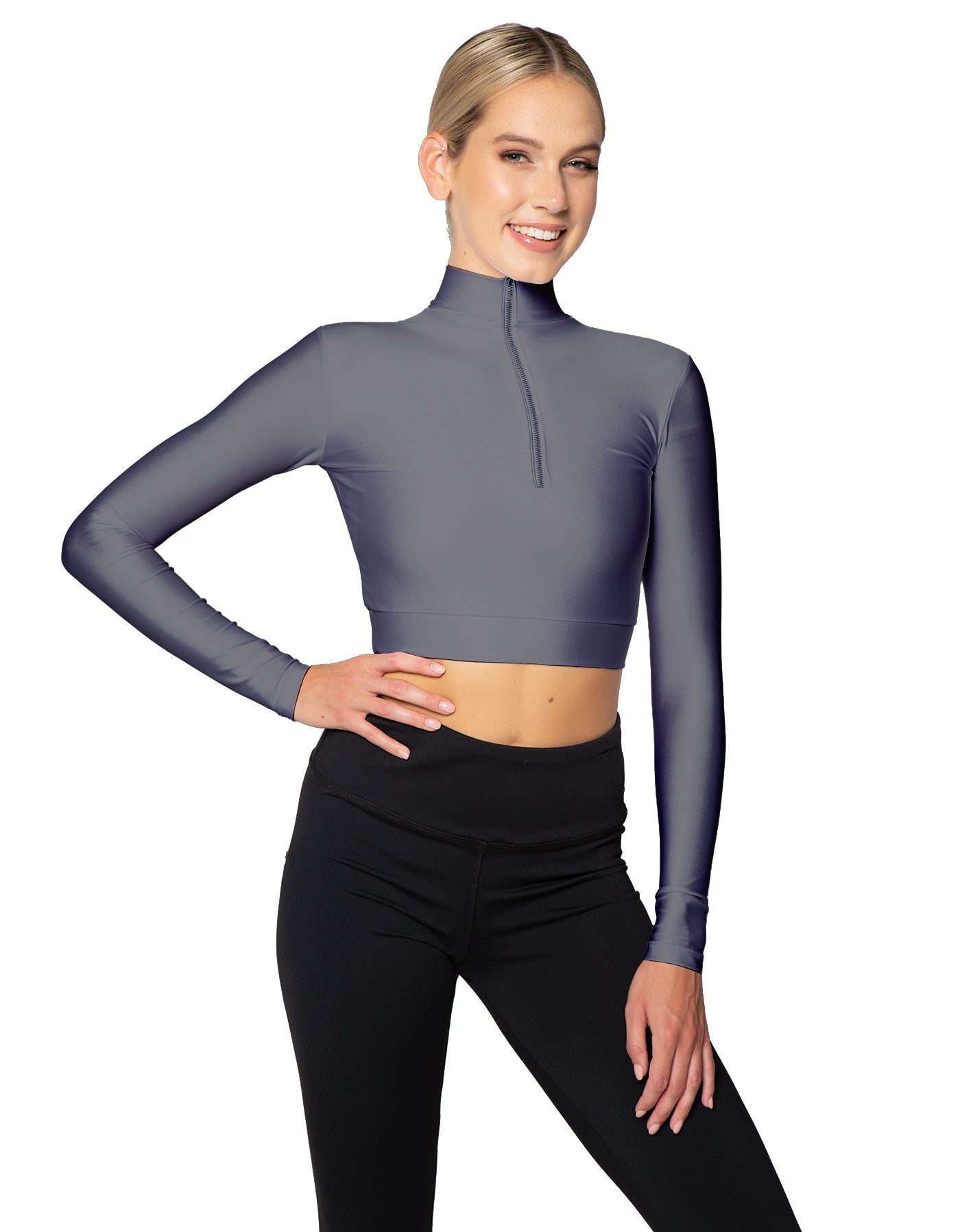 Solid Lycra LS Tneck Zipper Front Crop Top
