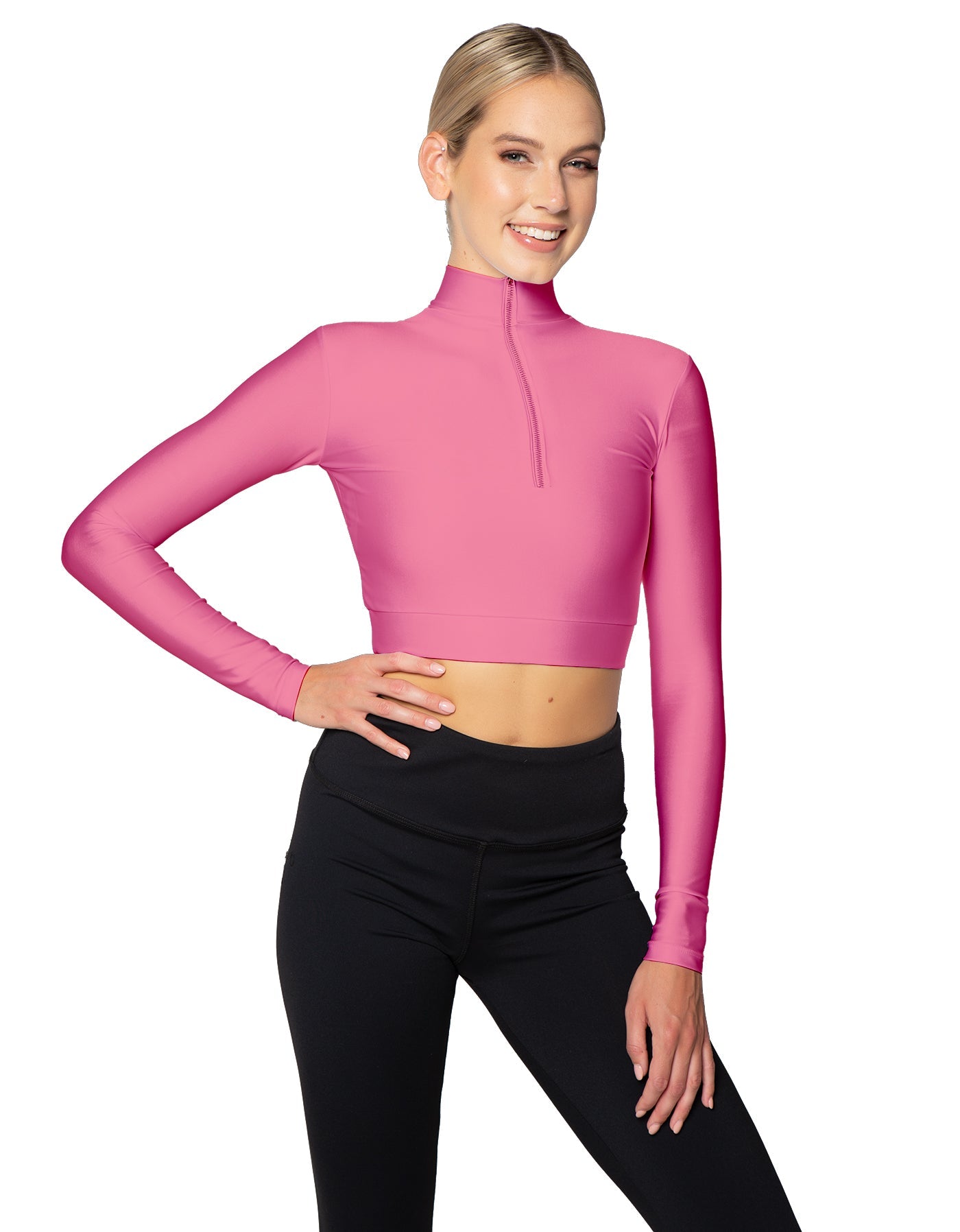Solid Lycra LS Tneck Zipper Front Crop Top