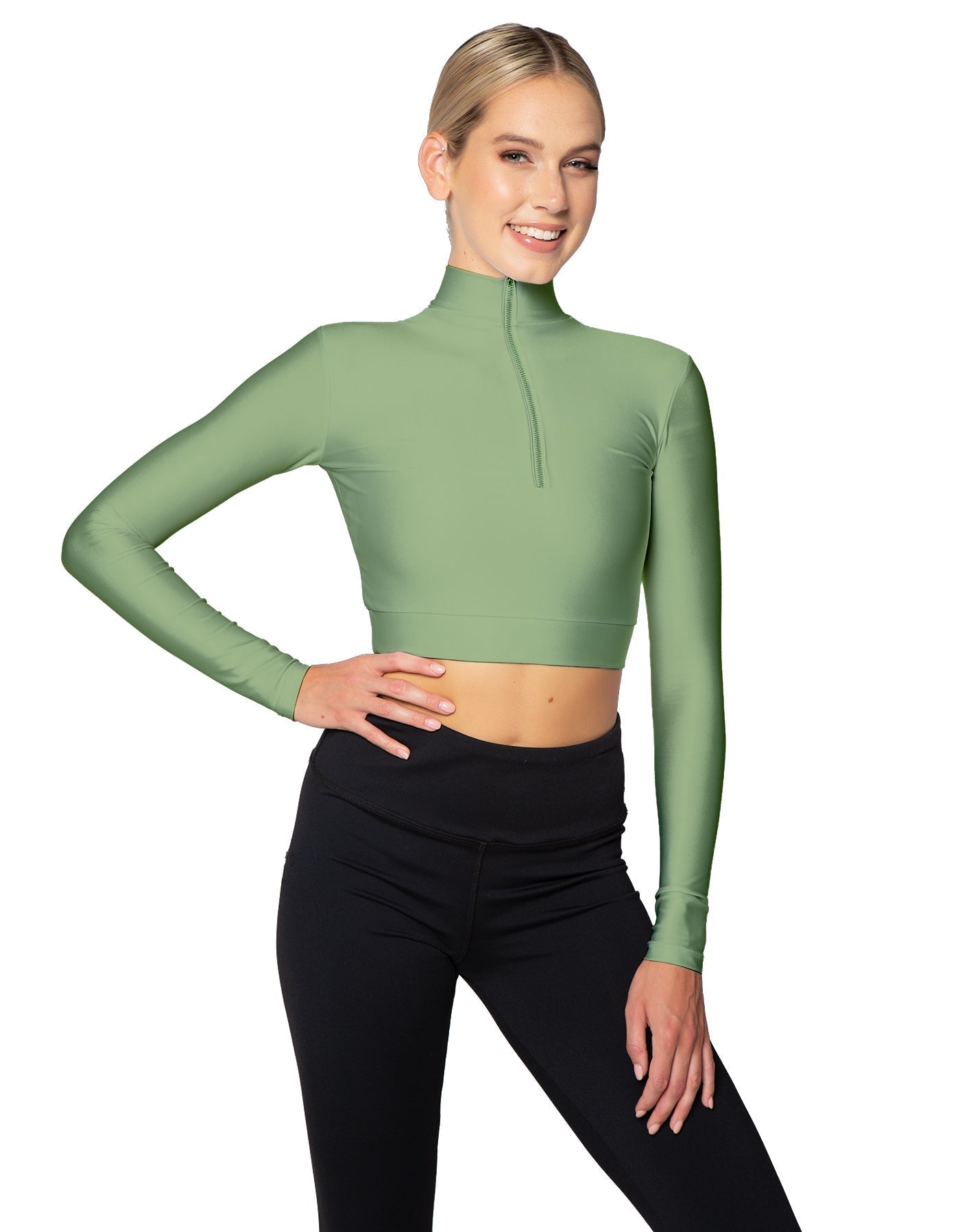 Solid Lycra LS Tneck Zipper Front Crop Top