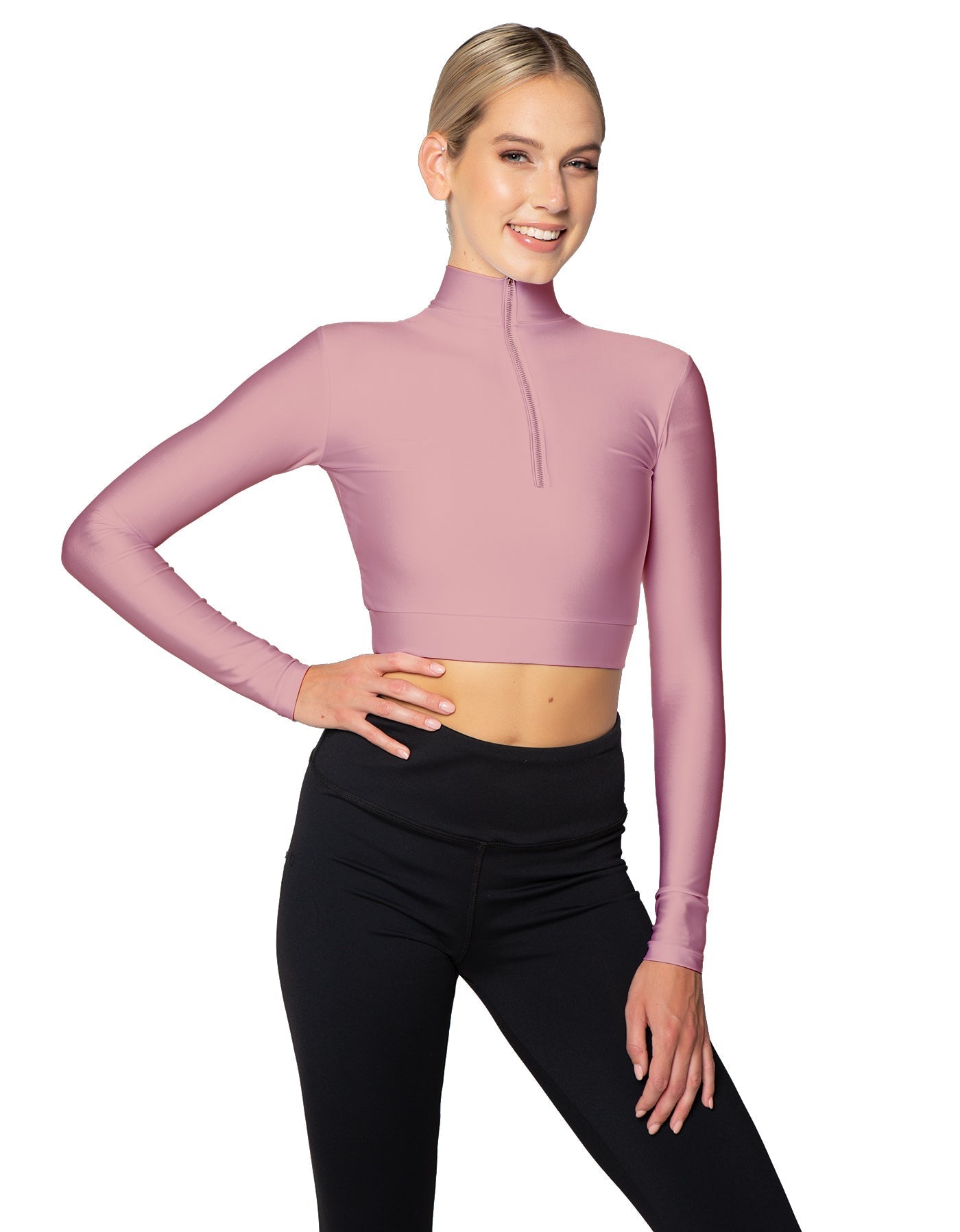 Solid Lycra LS Tneck Zipper Front Crop Top