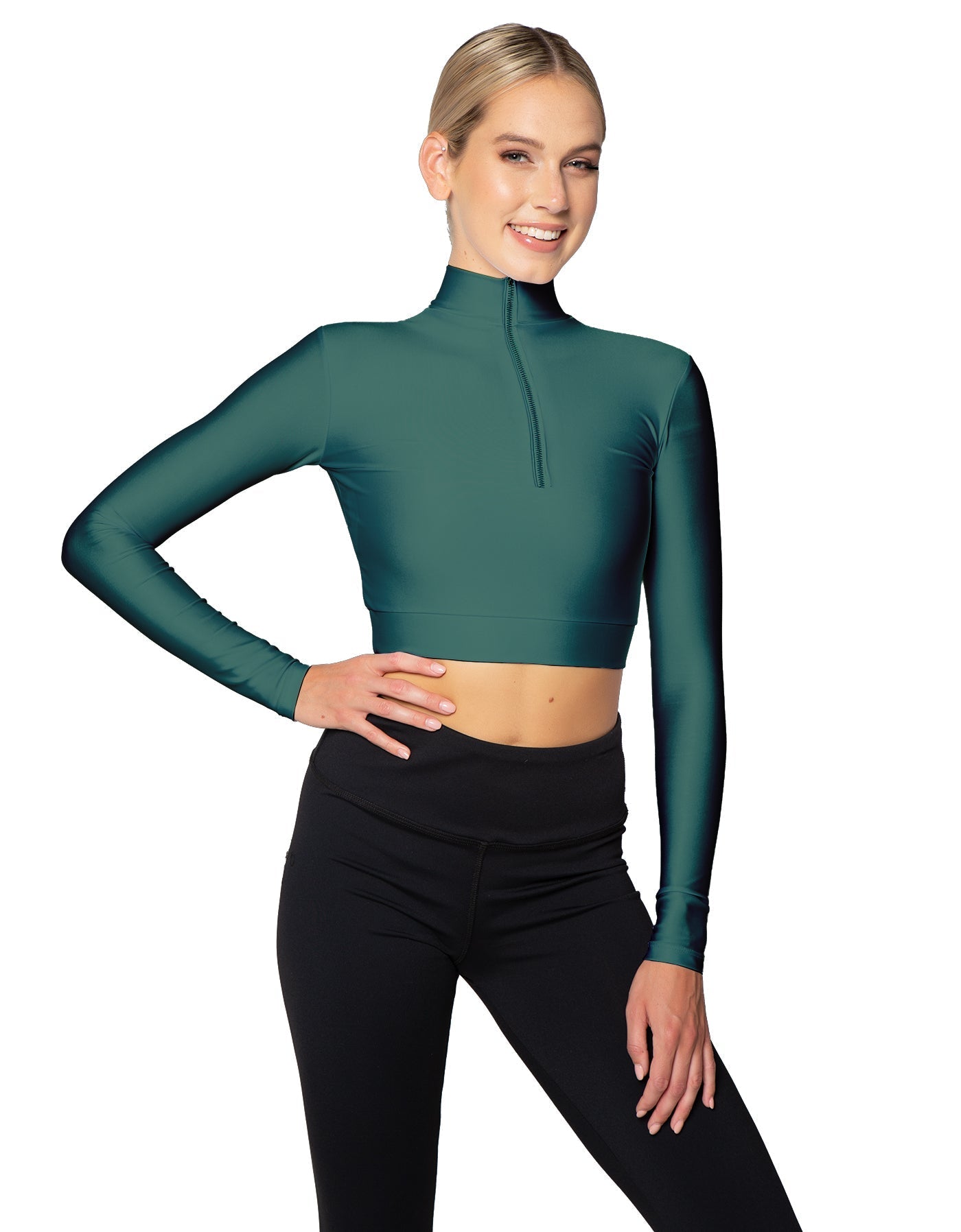 Solid Lycra LS Tneck Zipper Front Crop Top