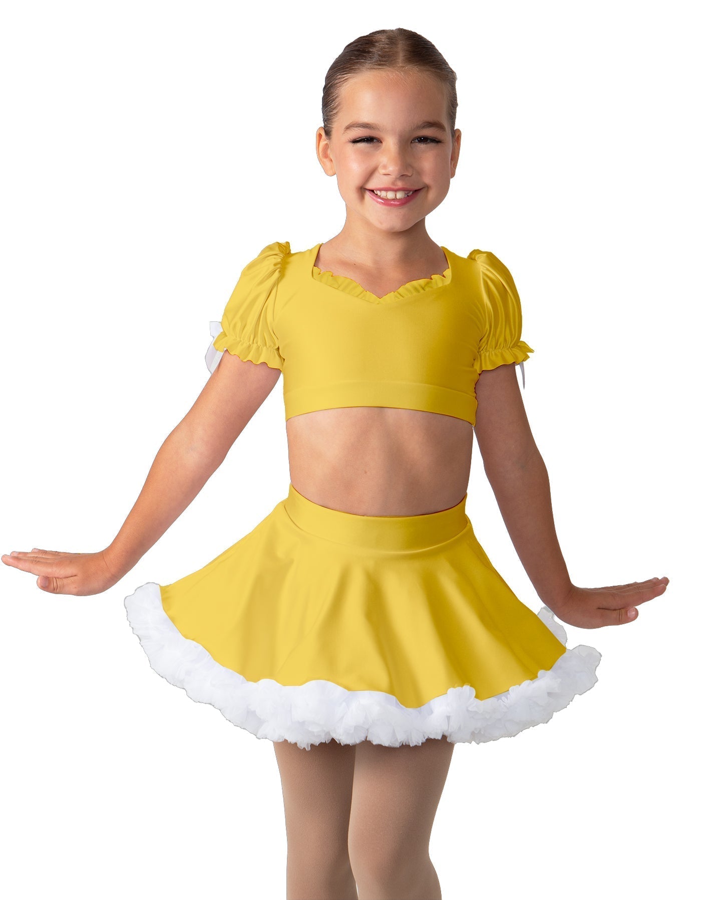 Solid Lycra Sweetheart Puff Sleeve Crop Top with Triangle Back and Ruffles