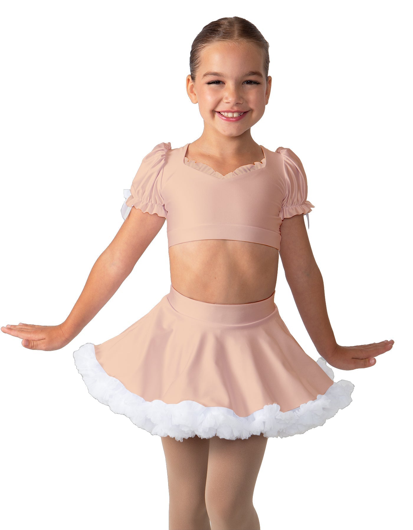 Solid Lycra Sweetheart Puff Sleeve Crop Top with Triangle Back and Ruffles