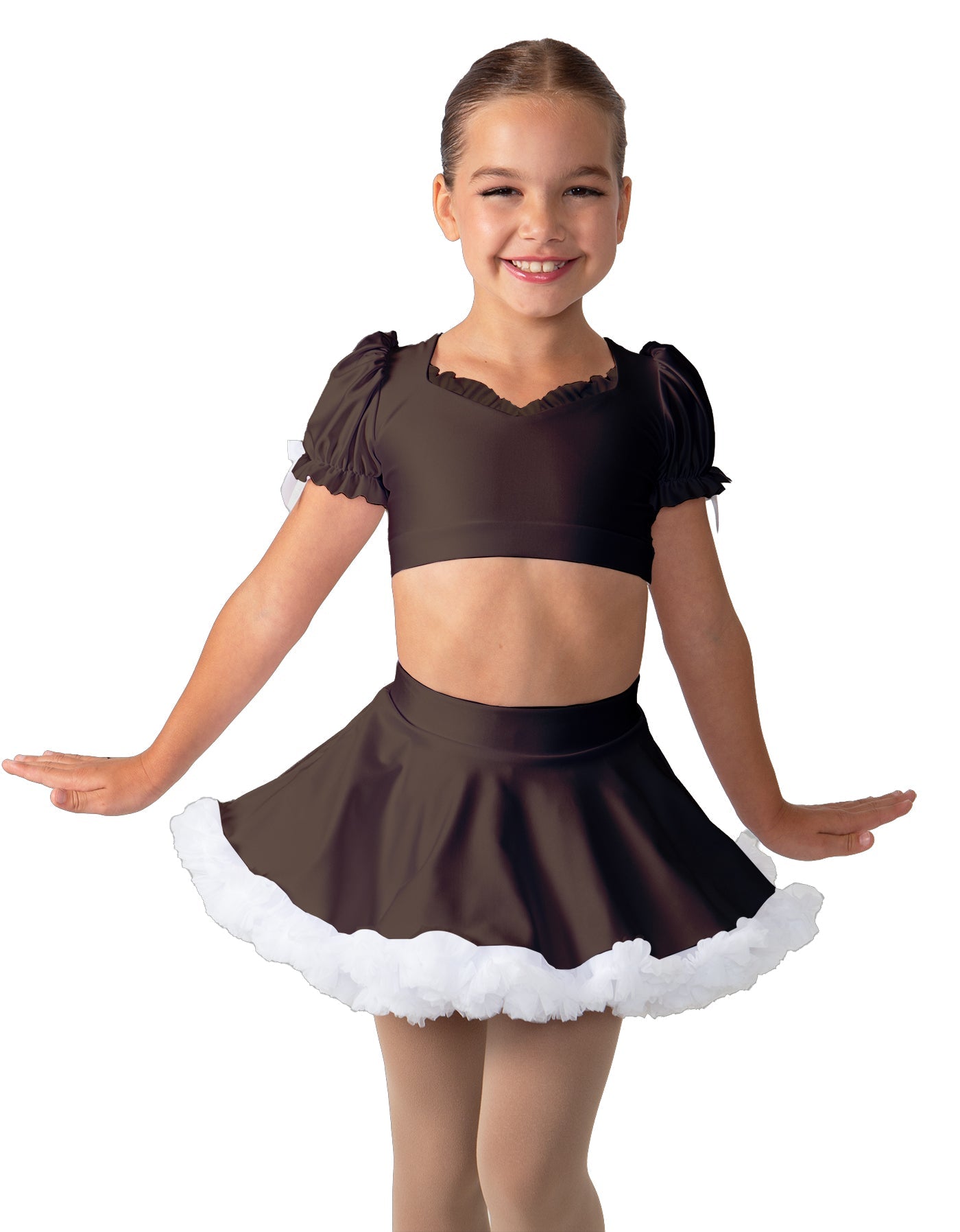 Solid Lycra Sweetheart Puff Sleeve Crop Top with Triangle Back and Ruffles