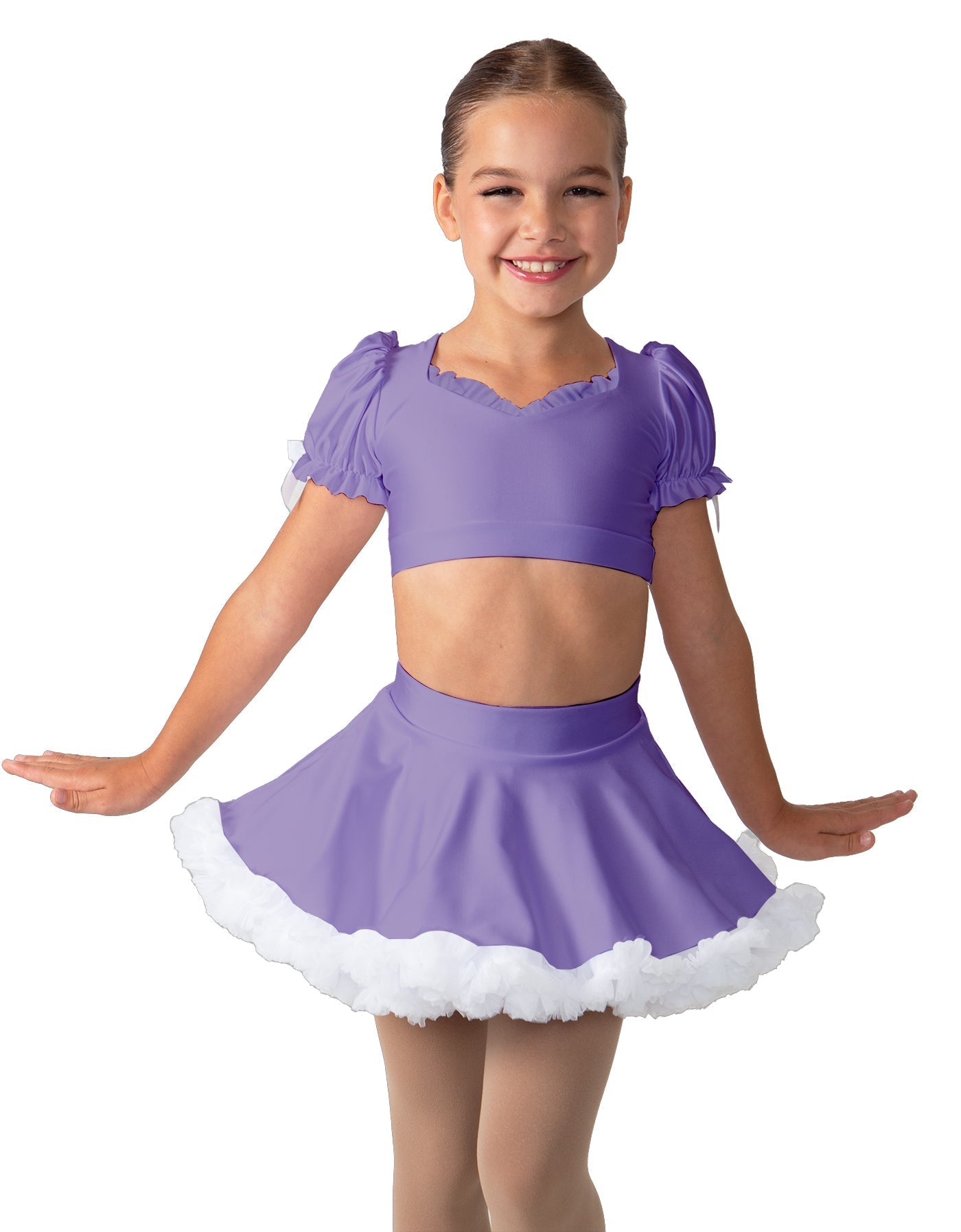 Solid Lycra Sweetheart Puff Sleeve Crop Top with Triangle Back and Ruffles