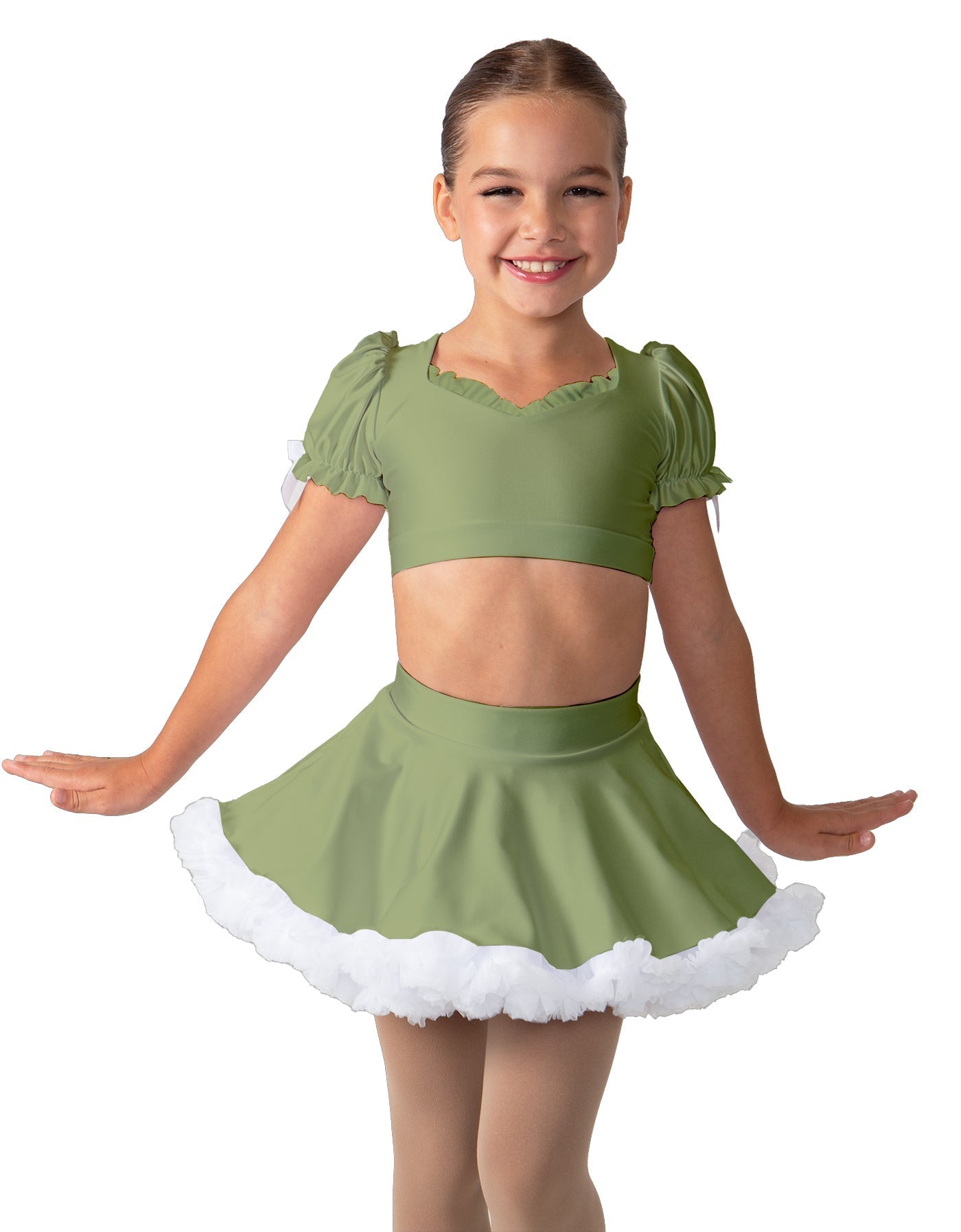 Solid Lycra Sweetheart Puff Sleeve Crop Top with Triangle Back and Ruffles