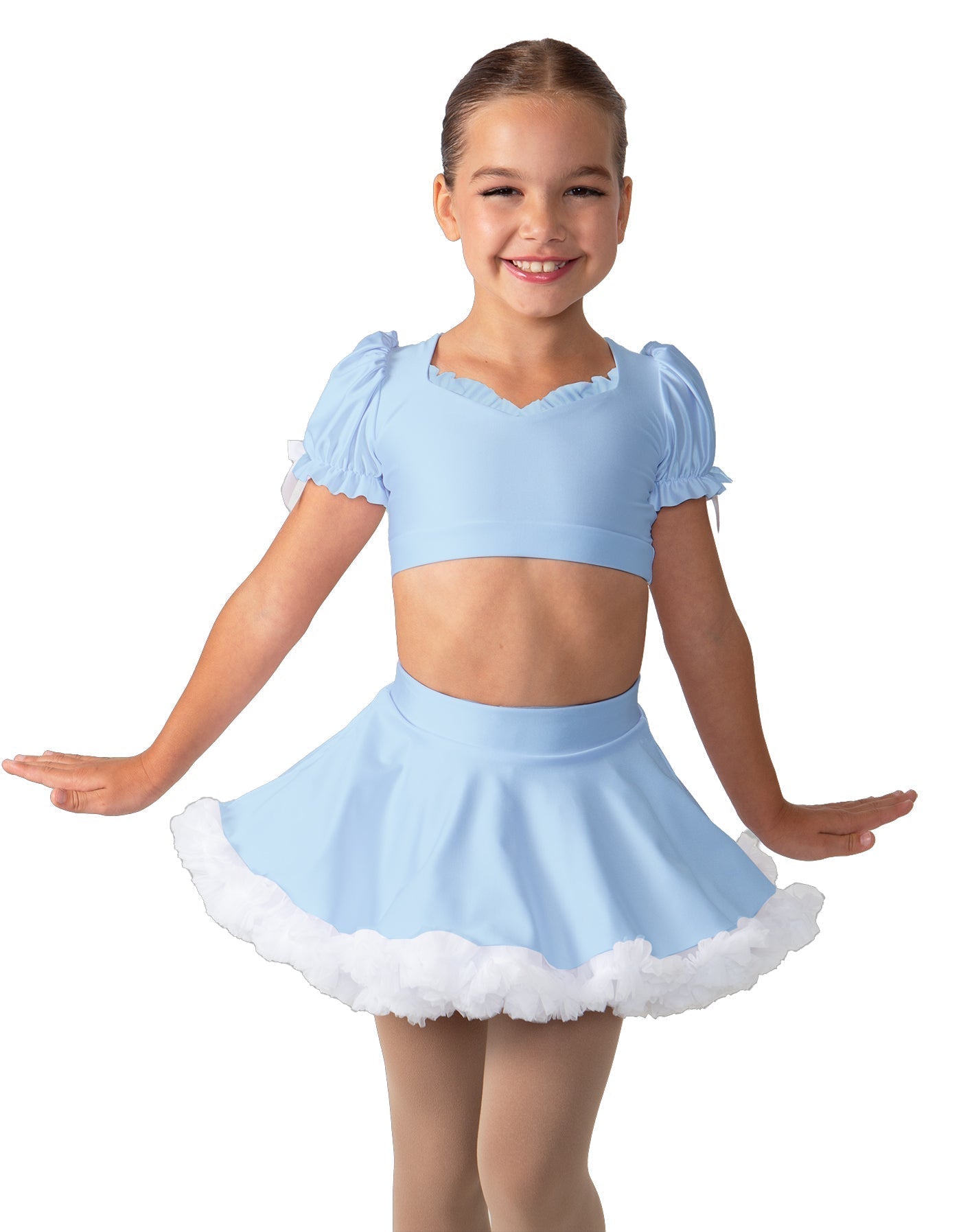 Solid Lycra Sweetheart Puff Sleeve Crop Top with Triangle Back and Ruffles
