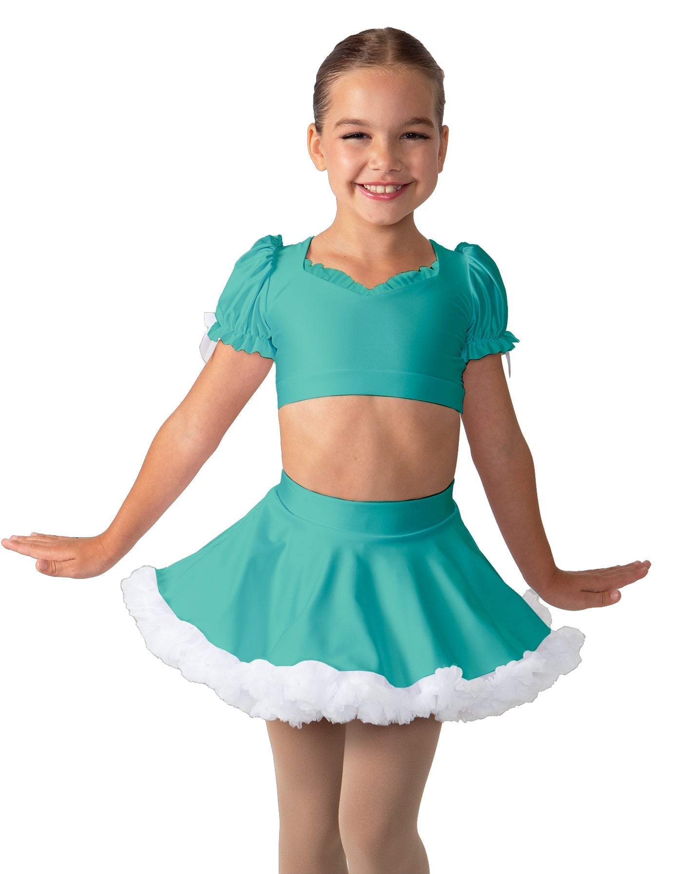 Solid Lycra Sweetheart Puff Sleeve Crop Top with Triangle Back and Ruffles