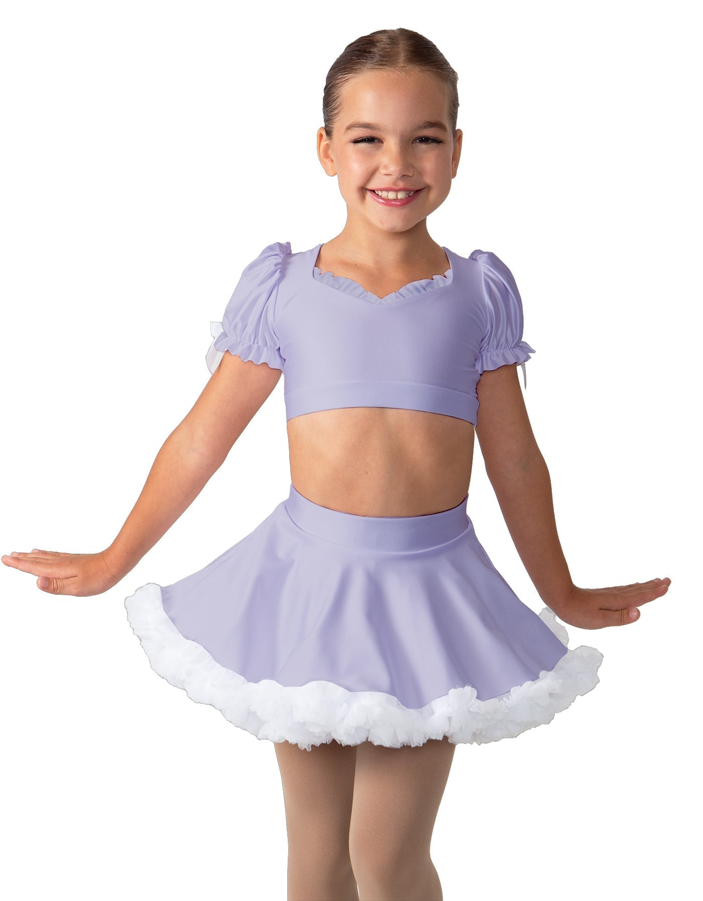 Solid Lycra Sweetheart Puff Sleeve Crop Top with Triangle Back and Ruffles