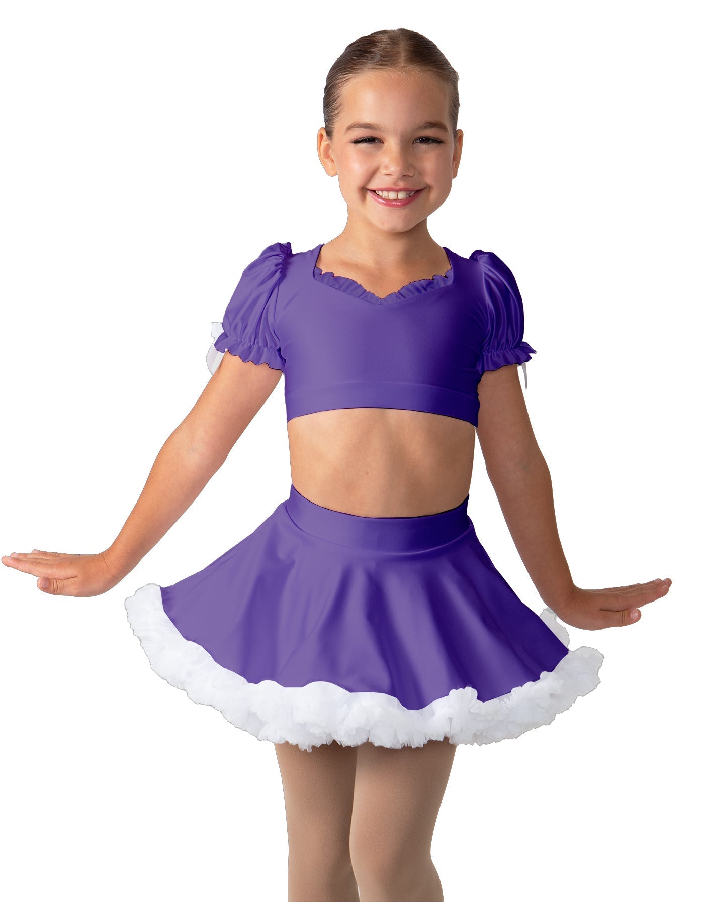 Solid Lycra Sweetheart Puff Sleeve Crop Top with Triangle Back and Ruffles