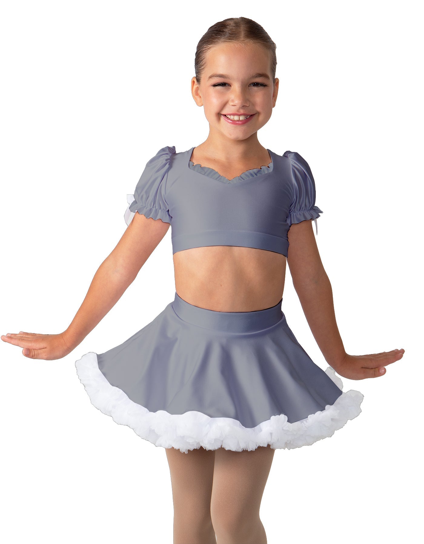 Solid Lycra Sweetheart Puff Sleeve Crop Top with Triangle Back and Ruffles