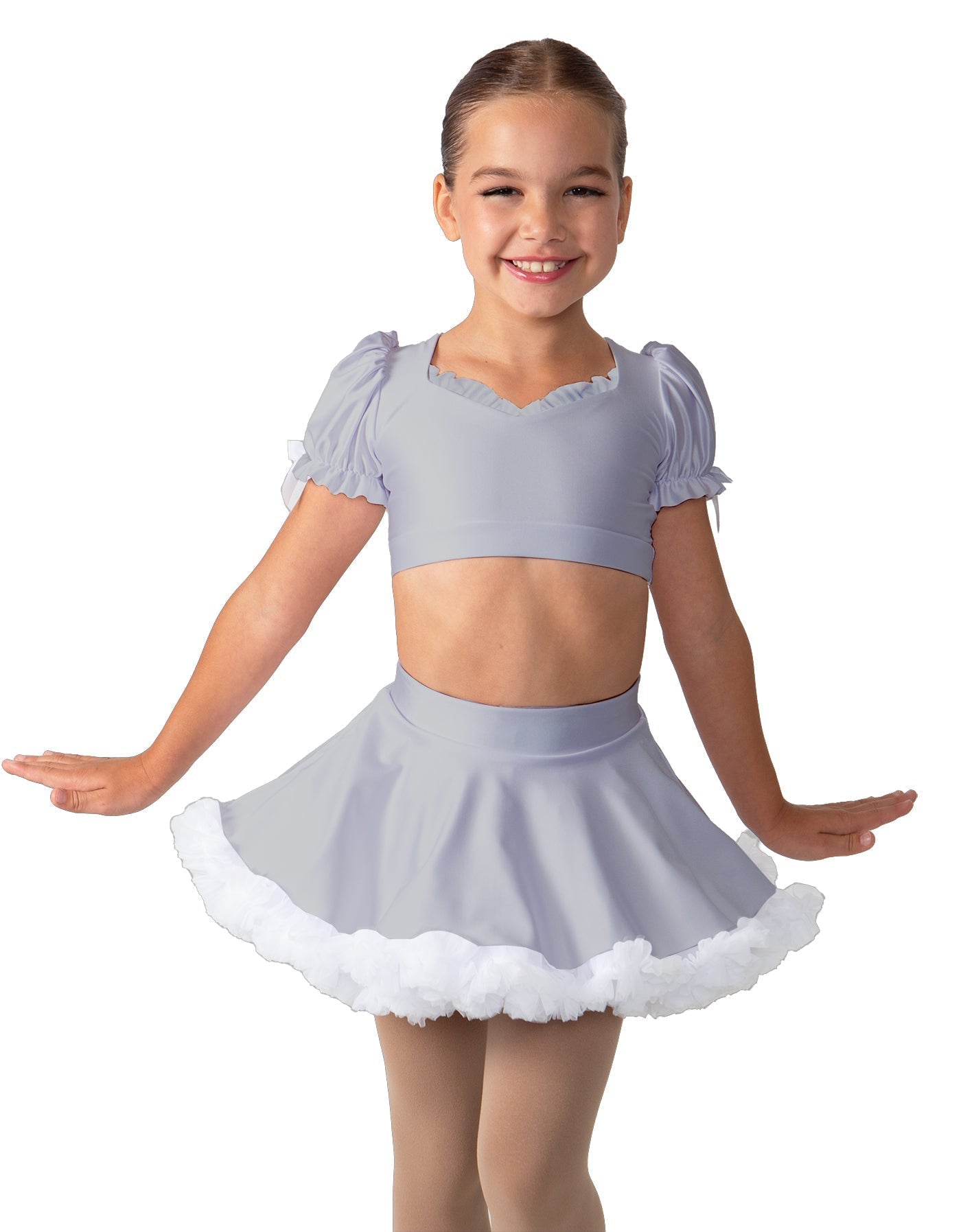 Solid Lycra Sweetheart Puff Sleeve Crop Top with Triangle Back and Ruffles