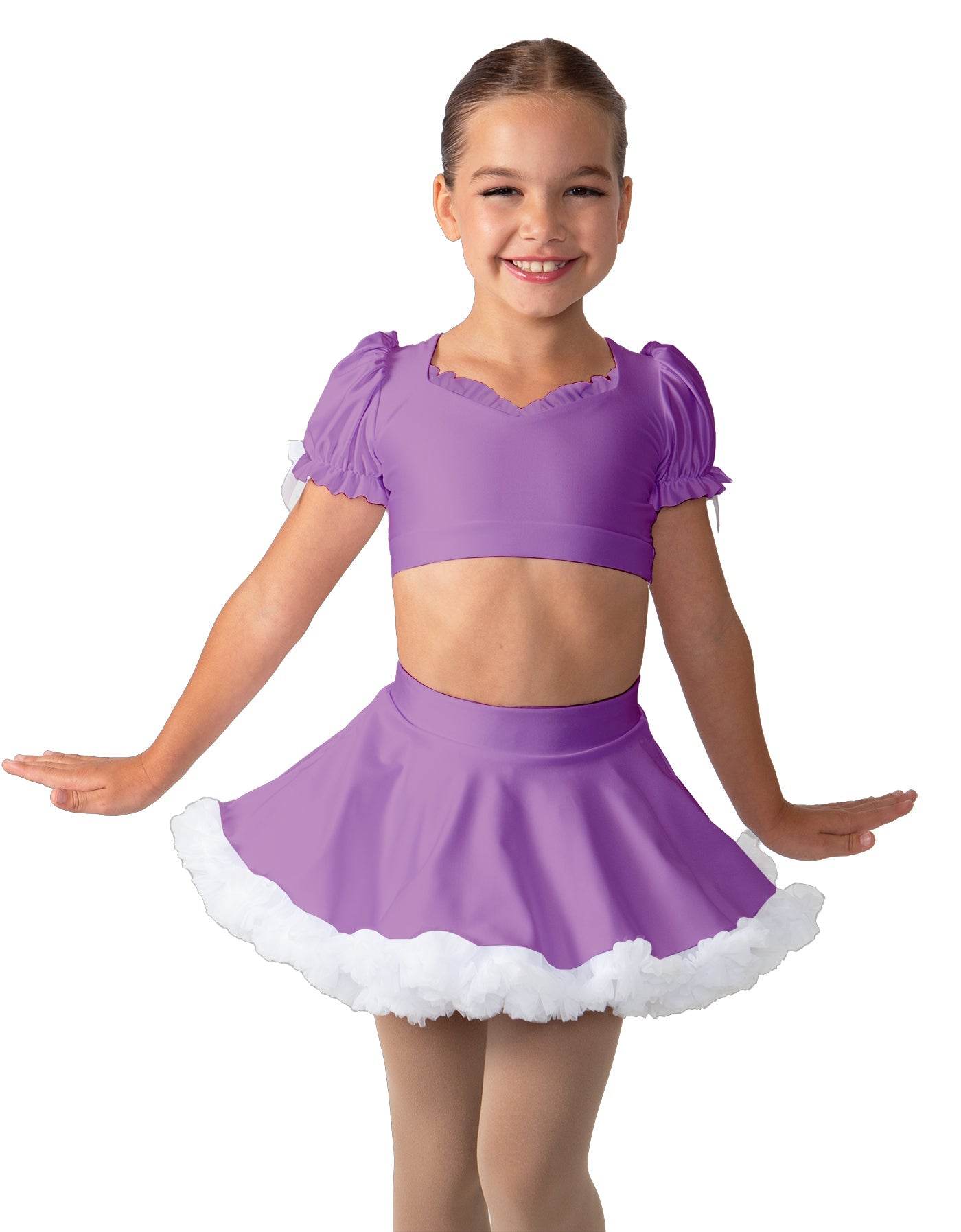 Solid Lycra Sweetheart Puff Sleeve Crop Top with Triangle Back and Ruffles