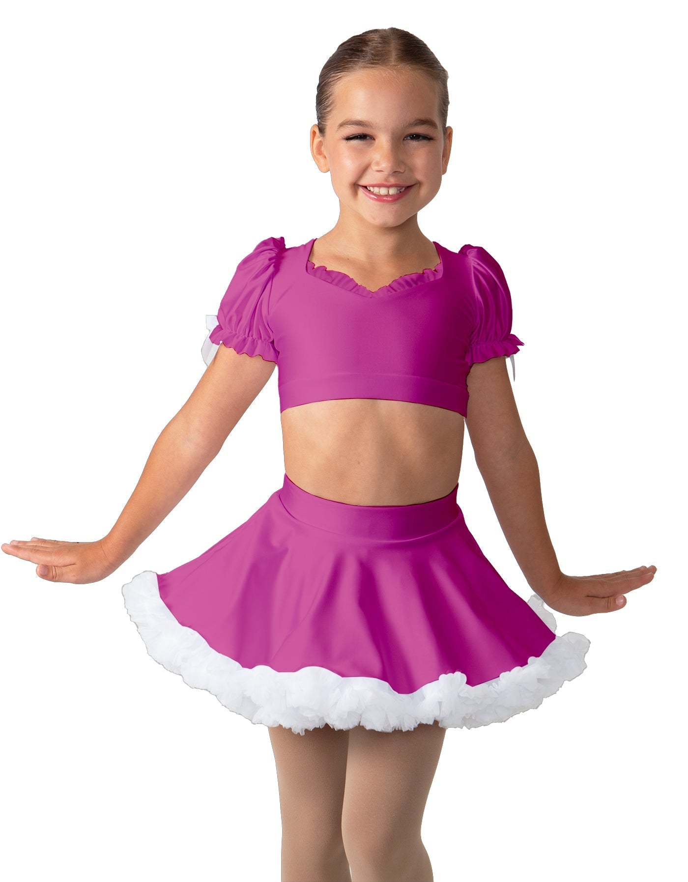 Solid Lycra Sweetheart Puff Sleeve Crop Top with Triangle Back and Ruffles