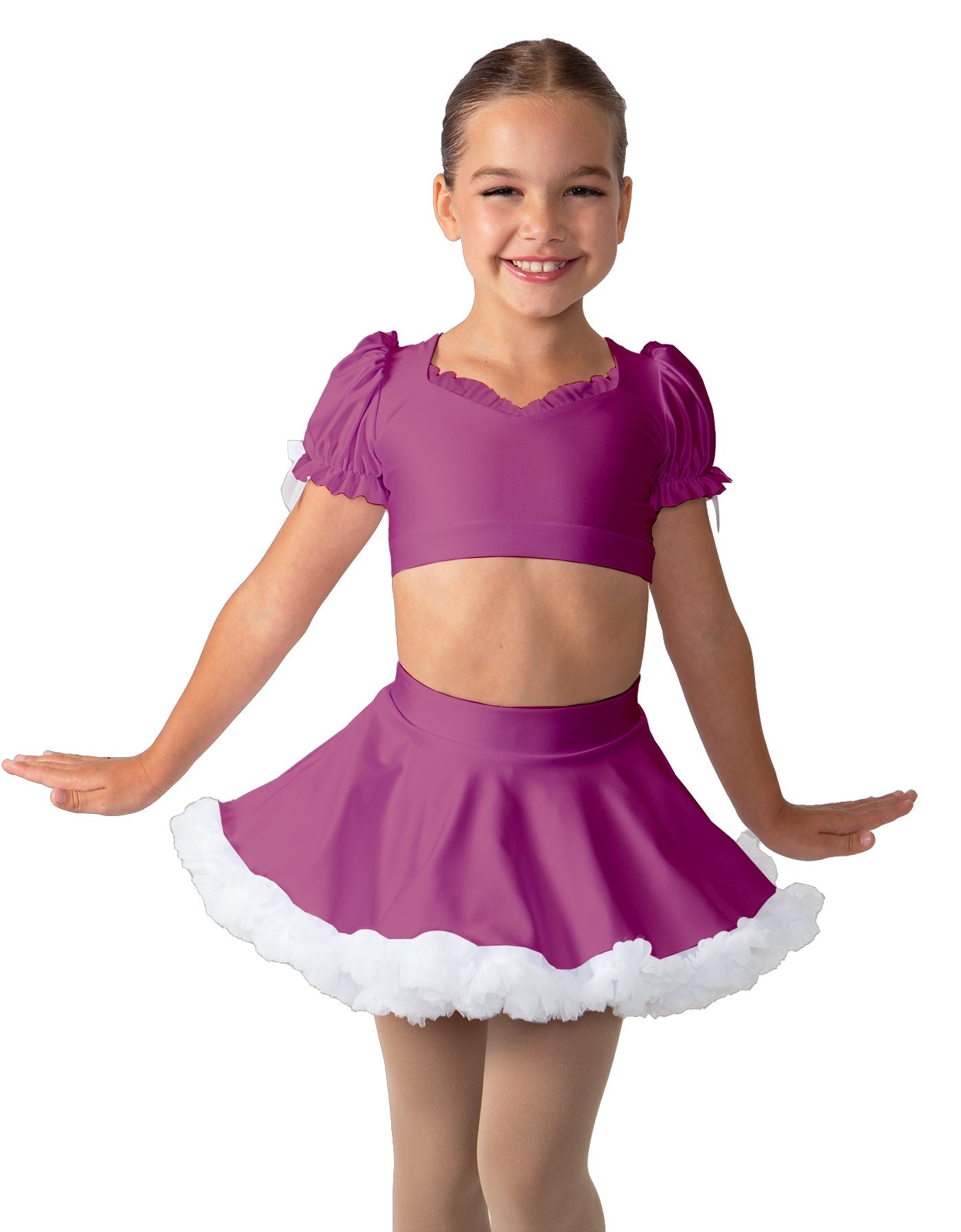 Solid Lycra Sweetheart Puff Sleeve Crop Top with Triangle Back and Ruffles