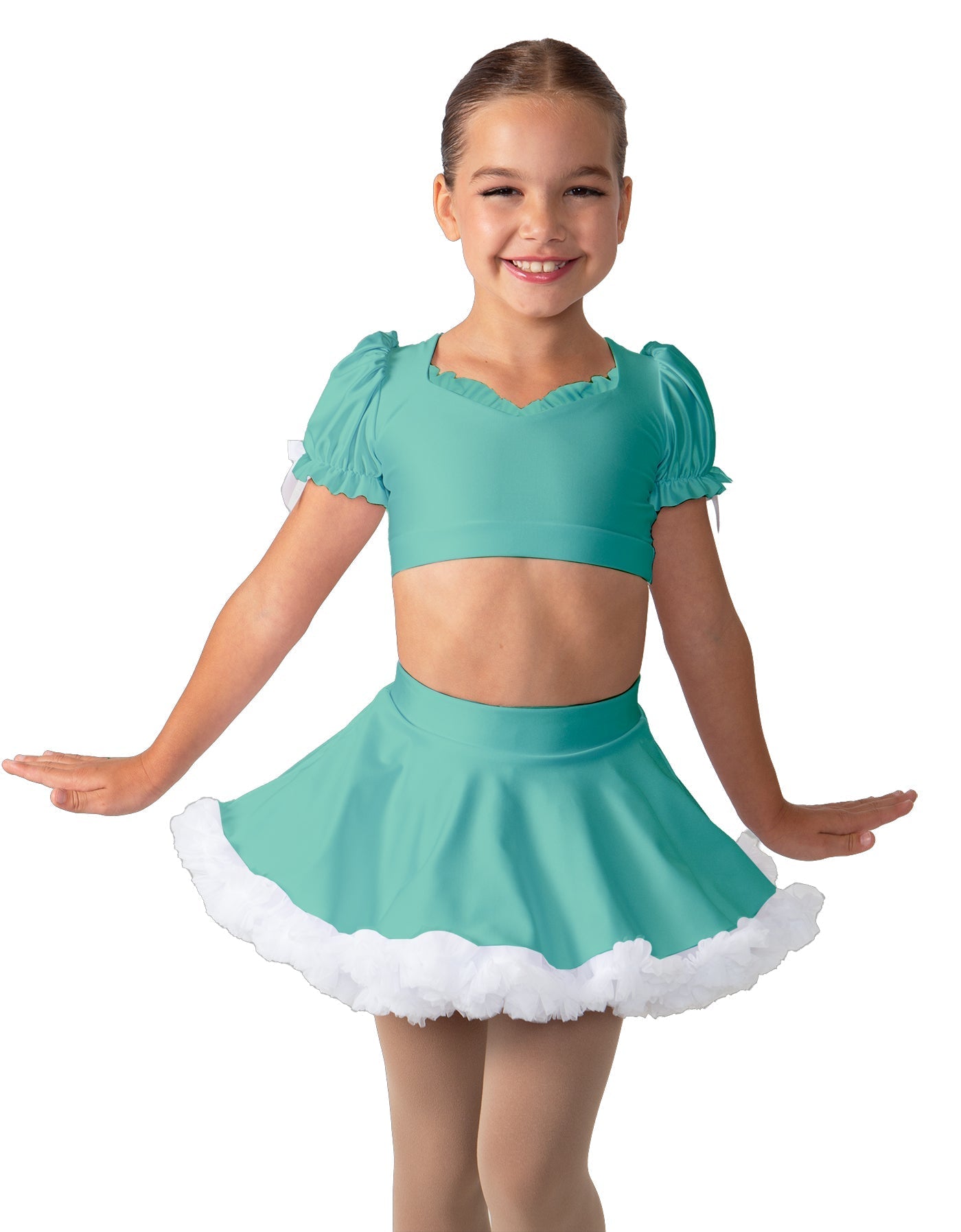 Solid Lycra Sweetheart Puff Sleeve Crop Top with Triangle Back and Ruffles