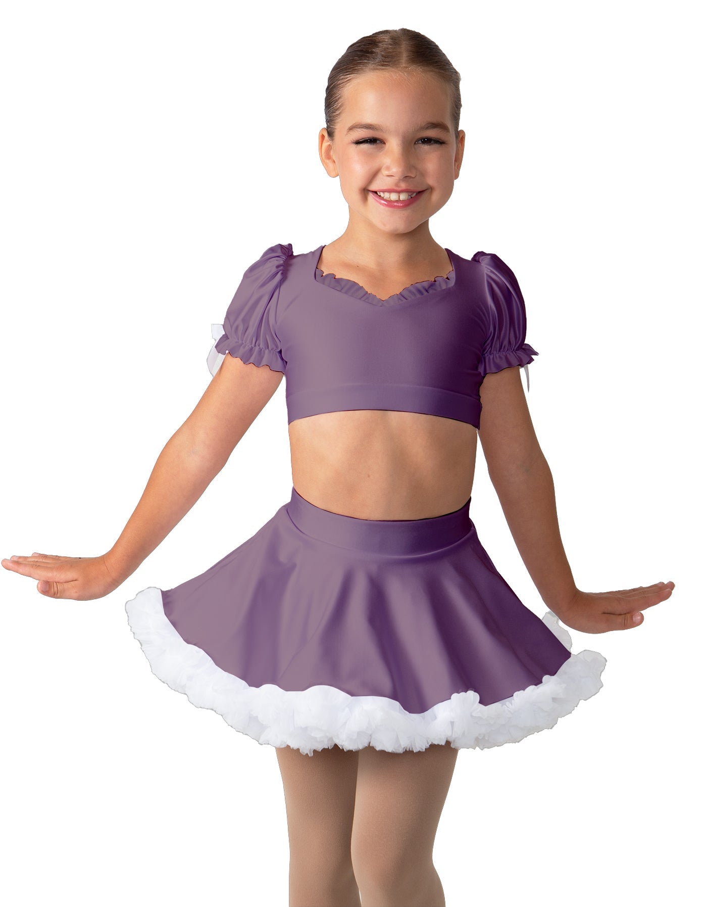 Solid Lycra Sweetheart Puff Sleeve Crop Top with Triangle Back and Ruffles