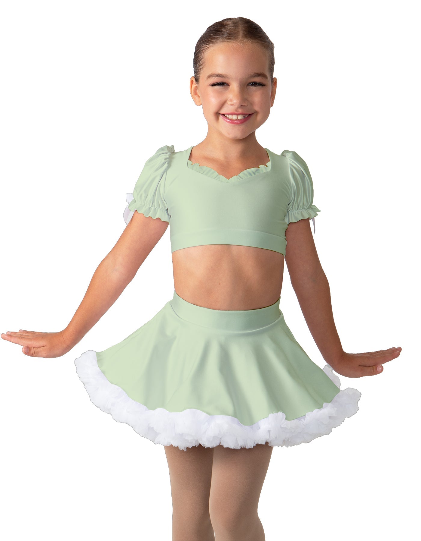 Solid Lycra Sweetheart Puff Sleeve Crop Top with Triangle Back and Ruffles