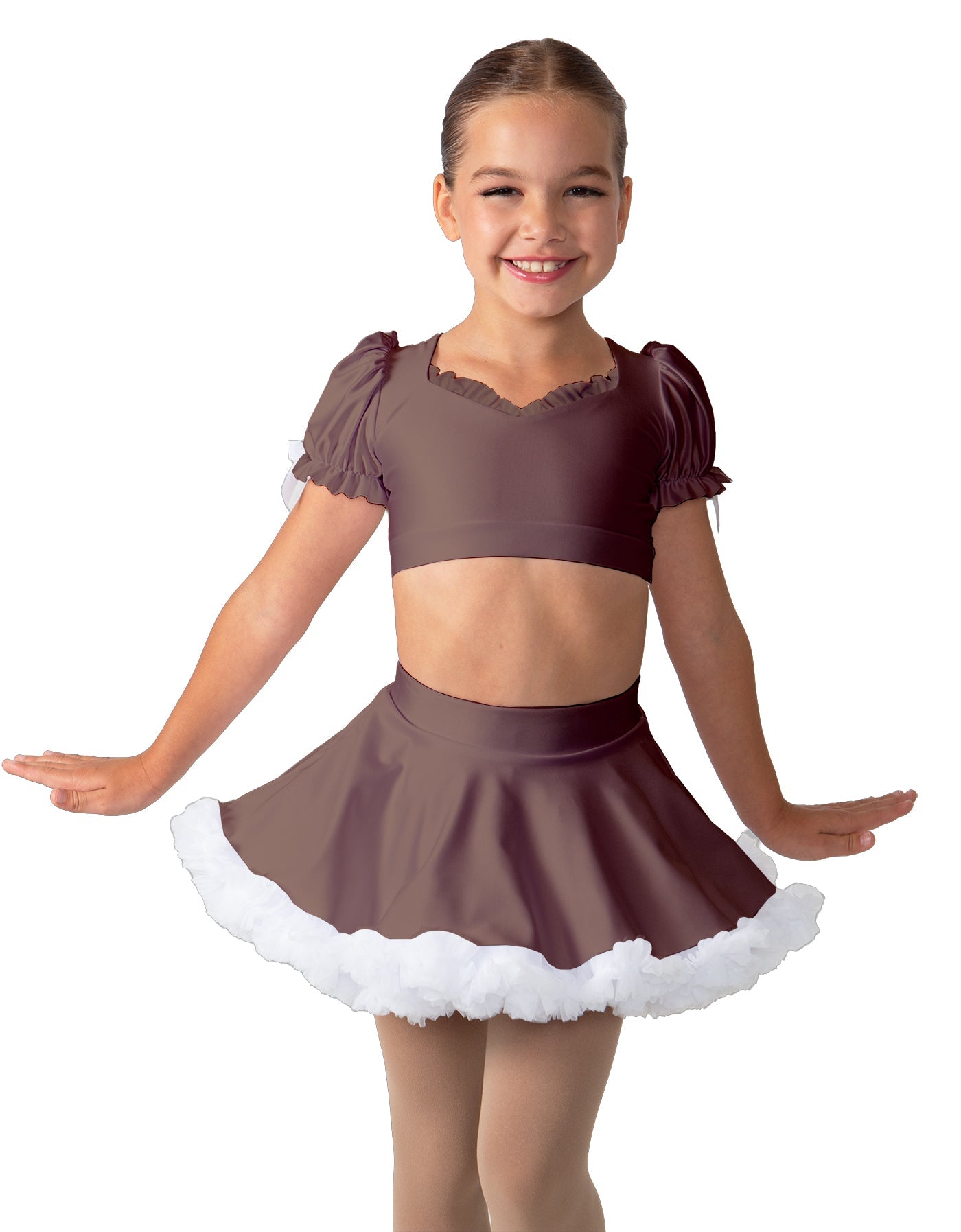 Solid Lycra Sweetheart Puff Sleeve Crop Top with Triangle Back and Ruffles