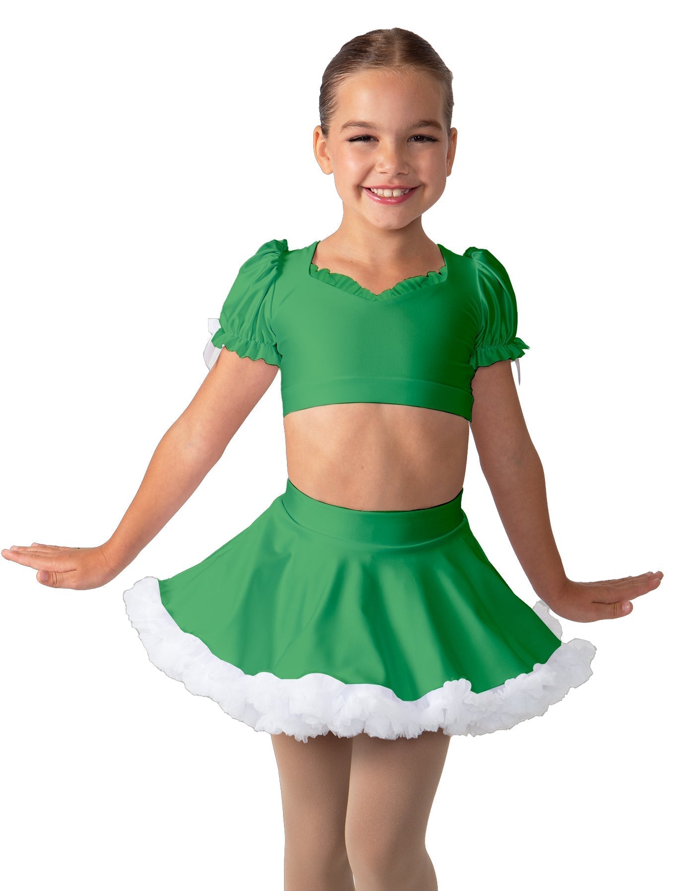 Solid Lycra Sweetheart Puff Sleeve Crop Top with Triangle Back and Ruffles