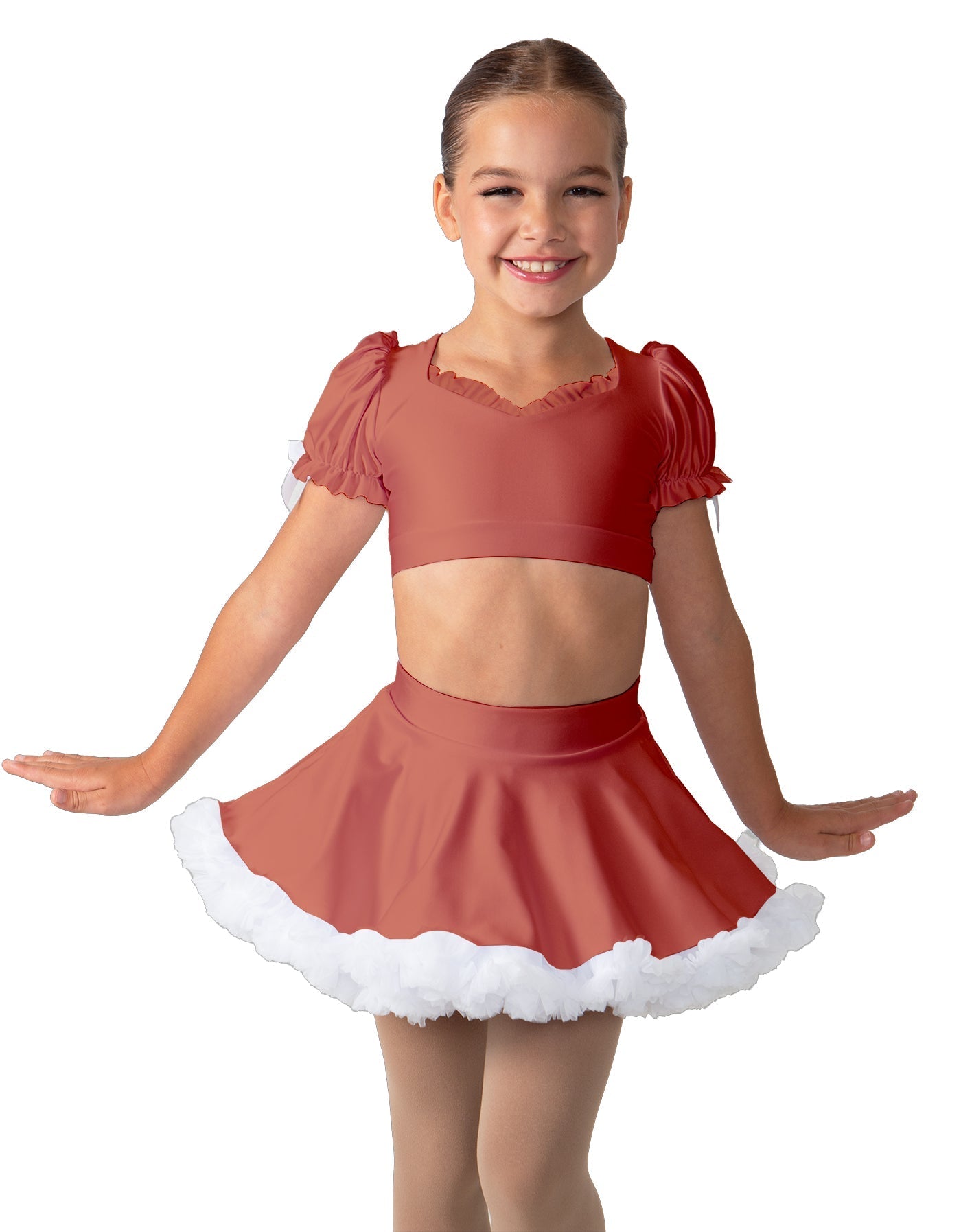 Solid Lycra Sweetheart Puff Sleeve Crop Top with Triangle Back and Ruffles