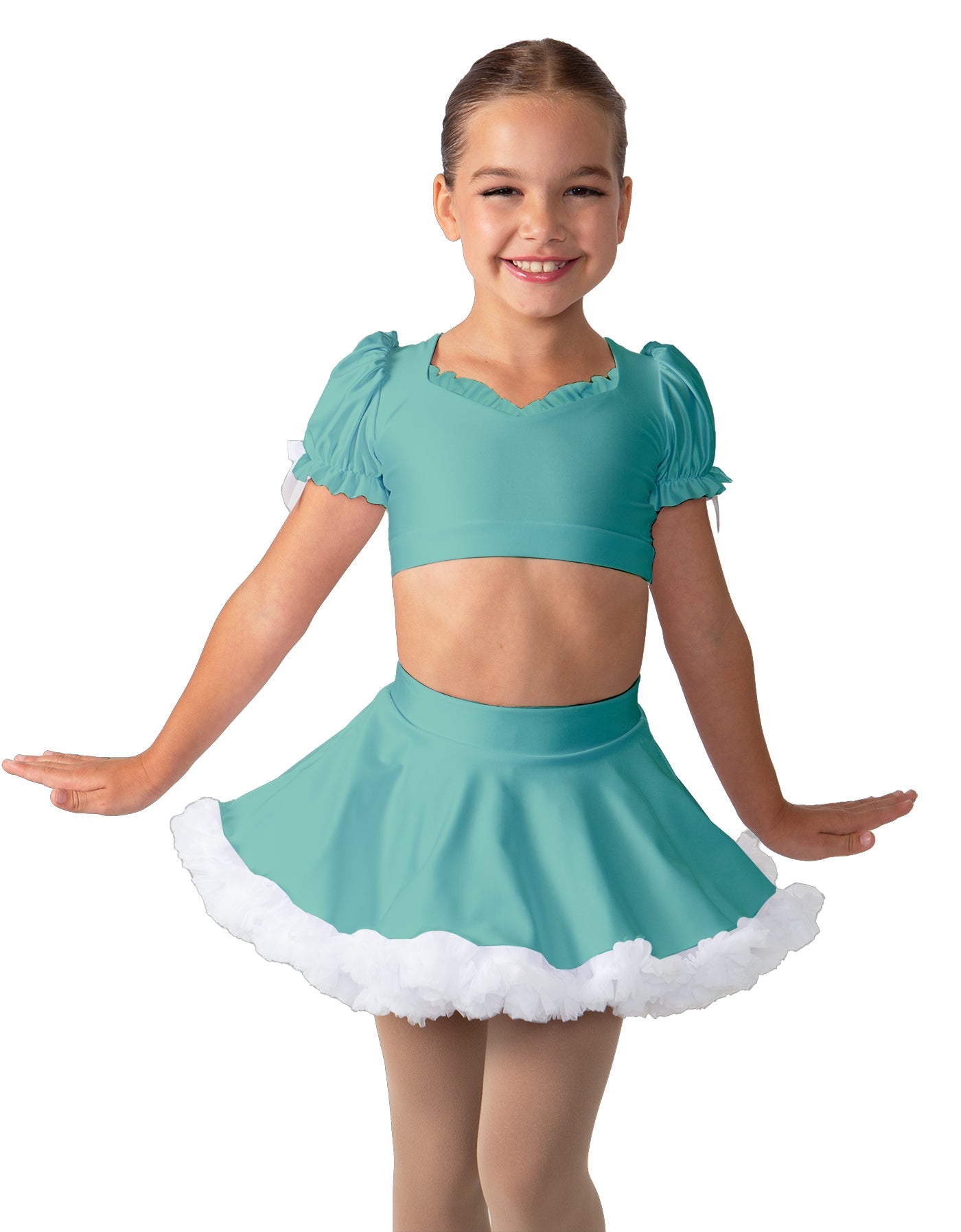 Solid Lycra Sweetheart Puff Sleeve Crop Top with Triangle Back and Ruffles