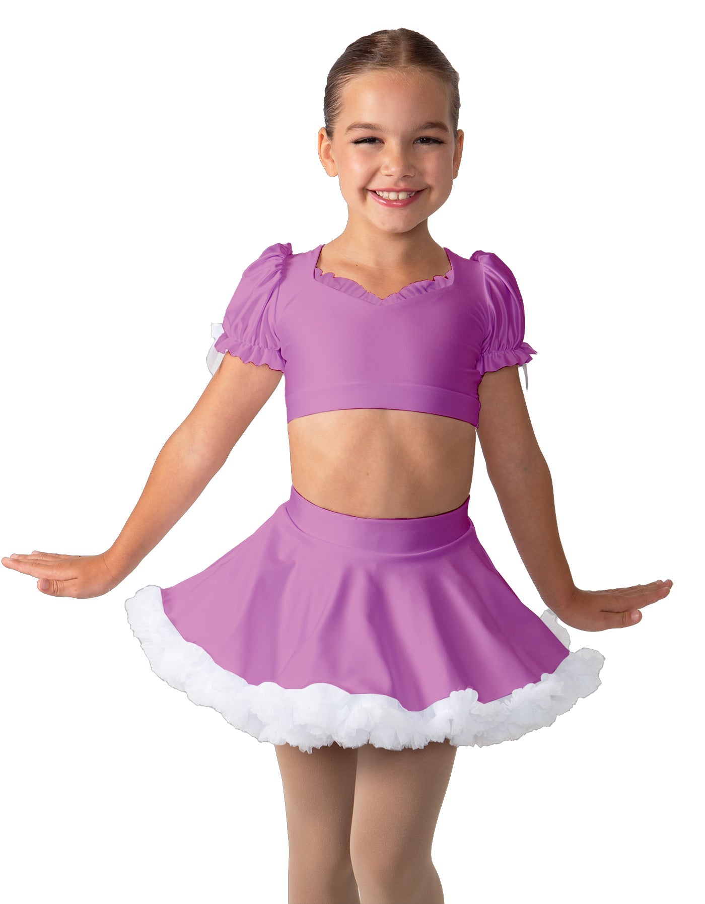 Solid Lycra Sweetheart Puff Sleeve Crop Top with Triangle Back and Ruffles