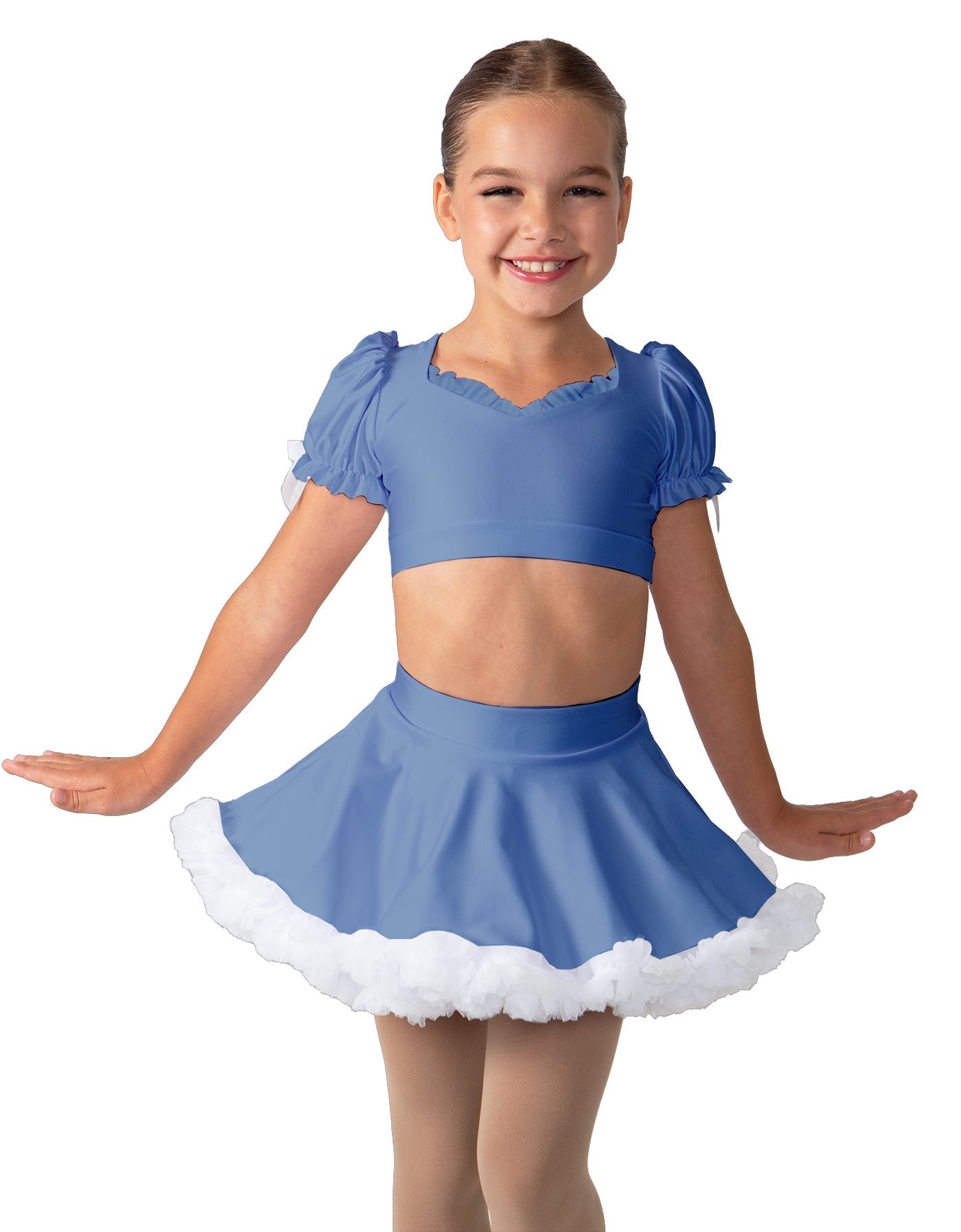 Solid Lycra Sweetheart Puff Sleeve Crop Top with Triangle Back and Ruffles