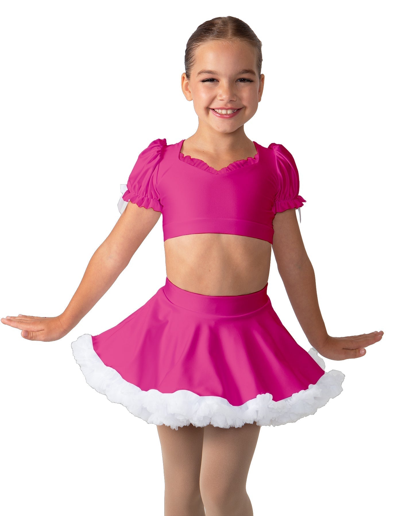 Solid Lycra Sweetheart Puff Sleeve Crop Top with Triangle Back and Ruffles