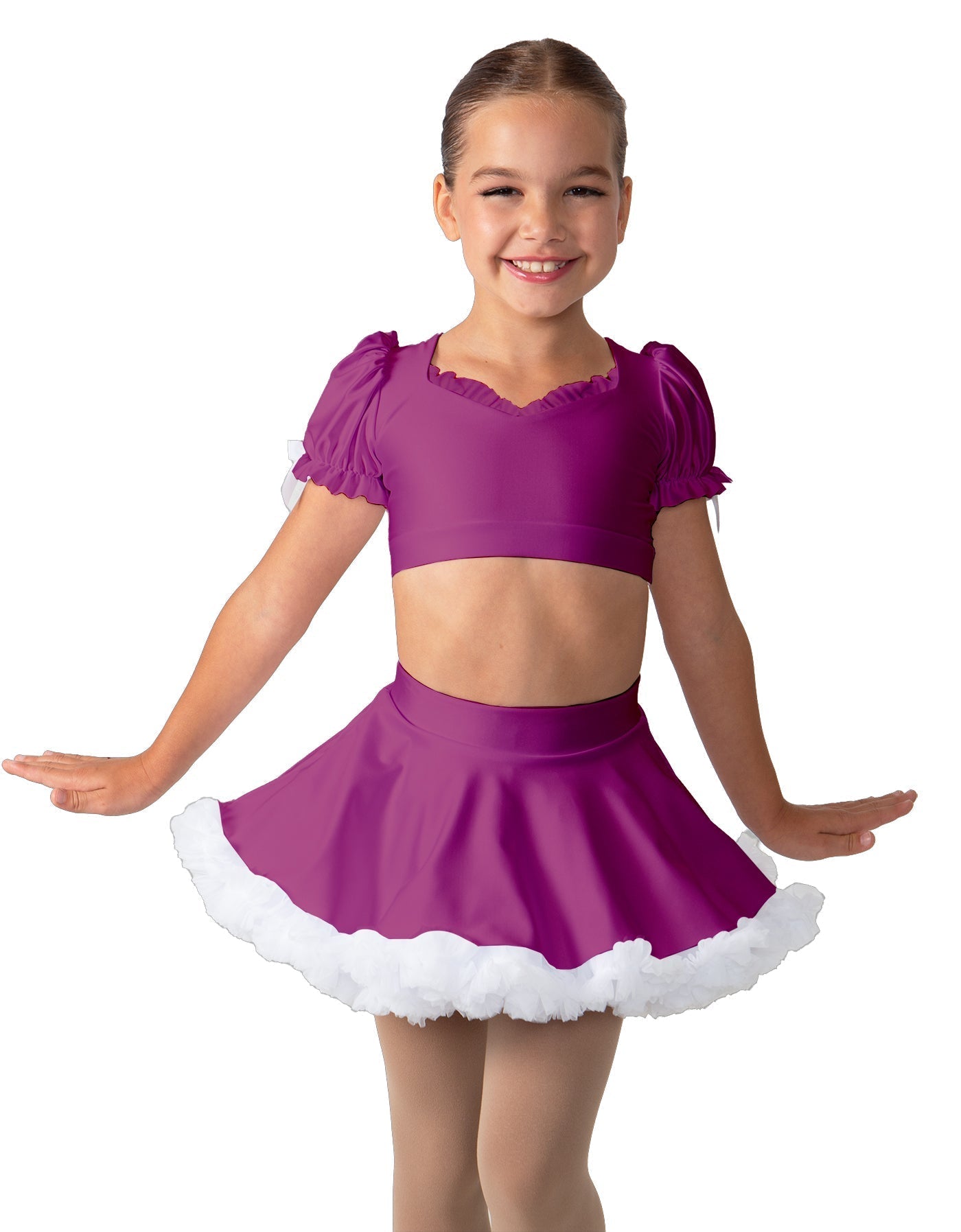 Solid Lycra Sweetheart Puff Sleeve Crop Top with Triangle Back and Ruffles