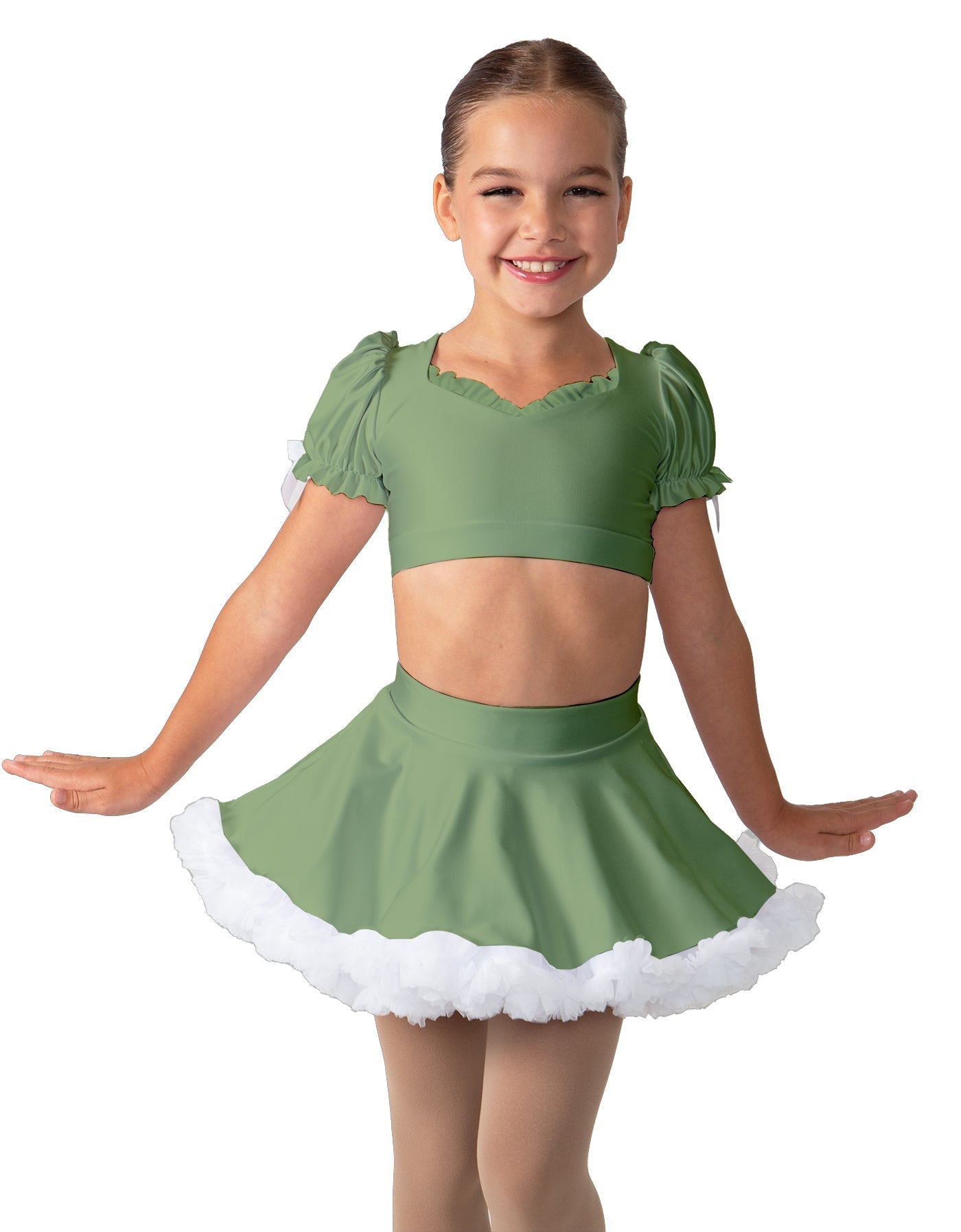 Solid Lycra Sweetheart Puff Sleeve Crop Top with Triangle Back and Ruffles