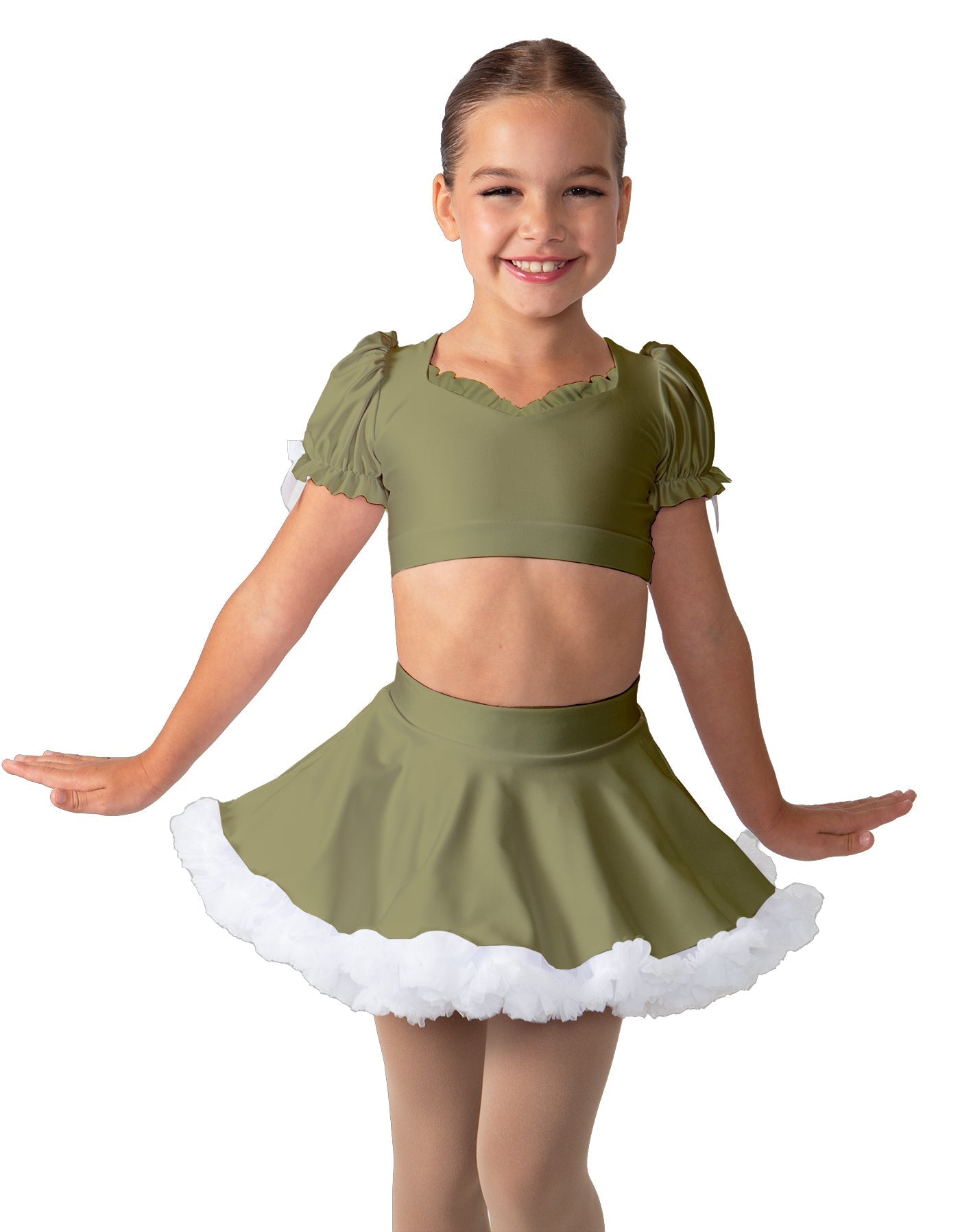 Solid Lycra Sweetheart Puff Sleeve Crop Top with Triangle Back and Ruffles