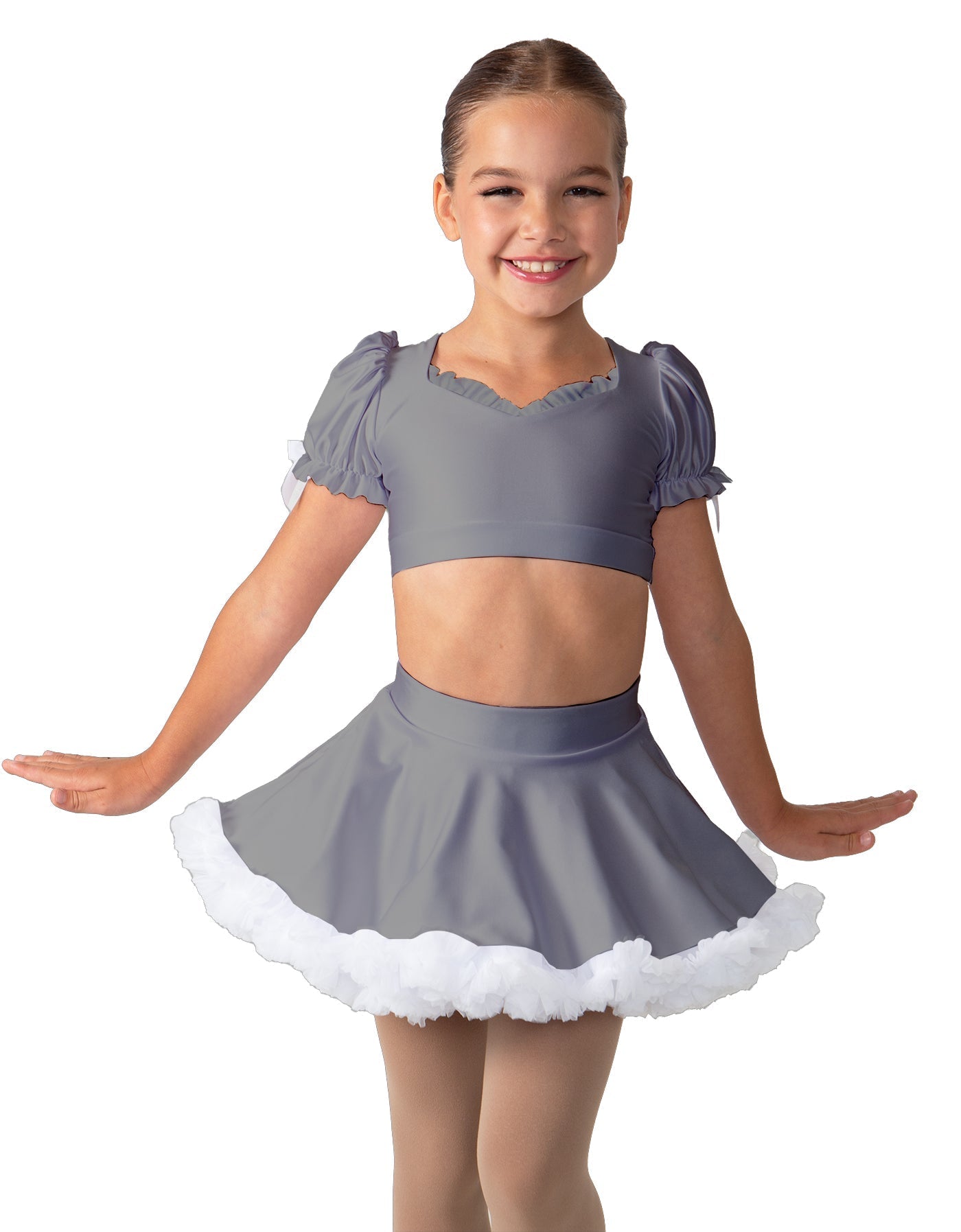 Solid Lycra Sweetheart Puff Sleeve Crop Top with Triangle Back and Ruffles