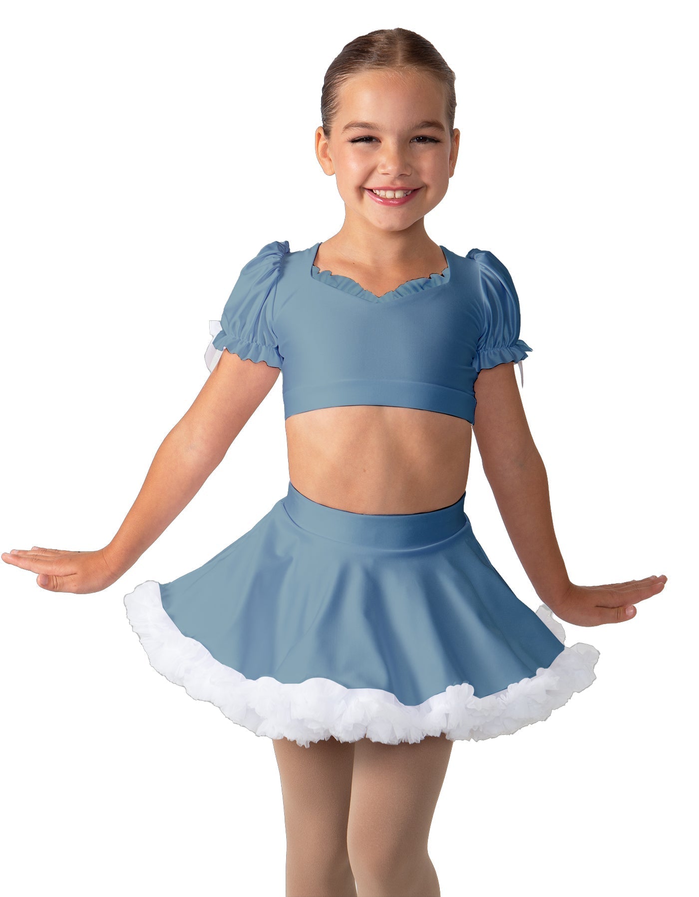 Solid Lycra Sweetheart Puff Sleeve Crop Top with Triangle Back and Ruffles