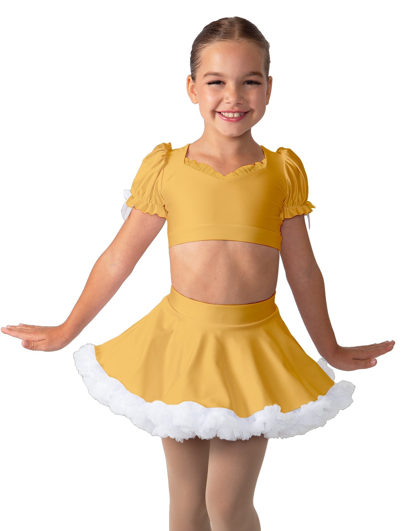 Solid Lycra Sweetheart Puff Sleeve Crop Top with Triangle Back and Ruffles