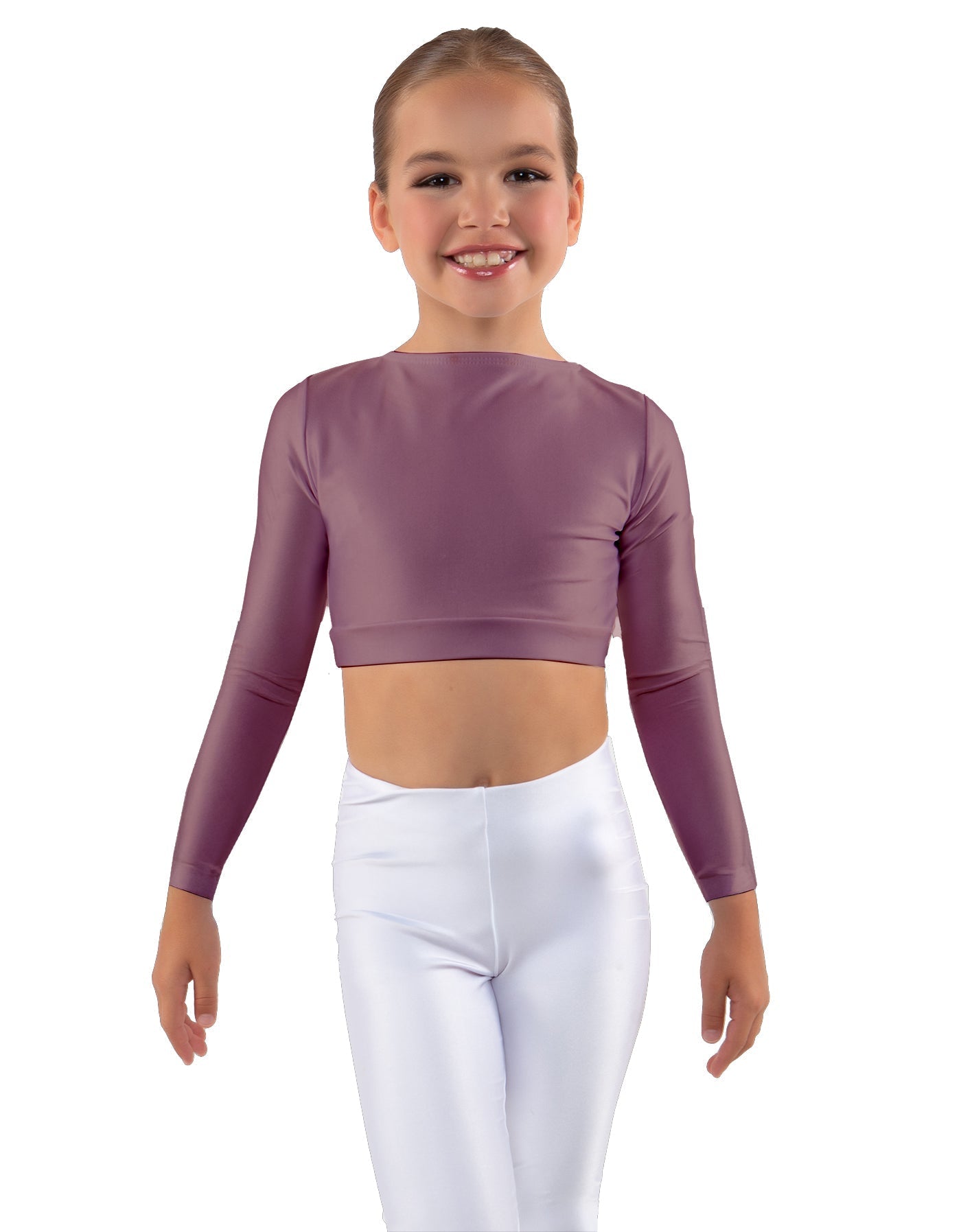 Solid Lycra LS Crew Neck Crop Top