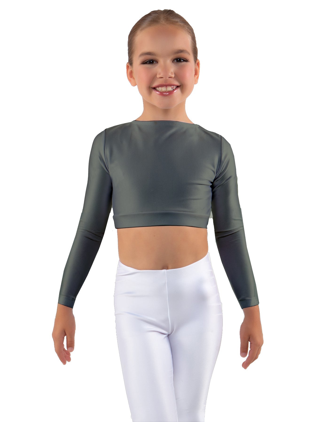 Solid Lycra LS Crew Neck Crop Top