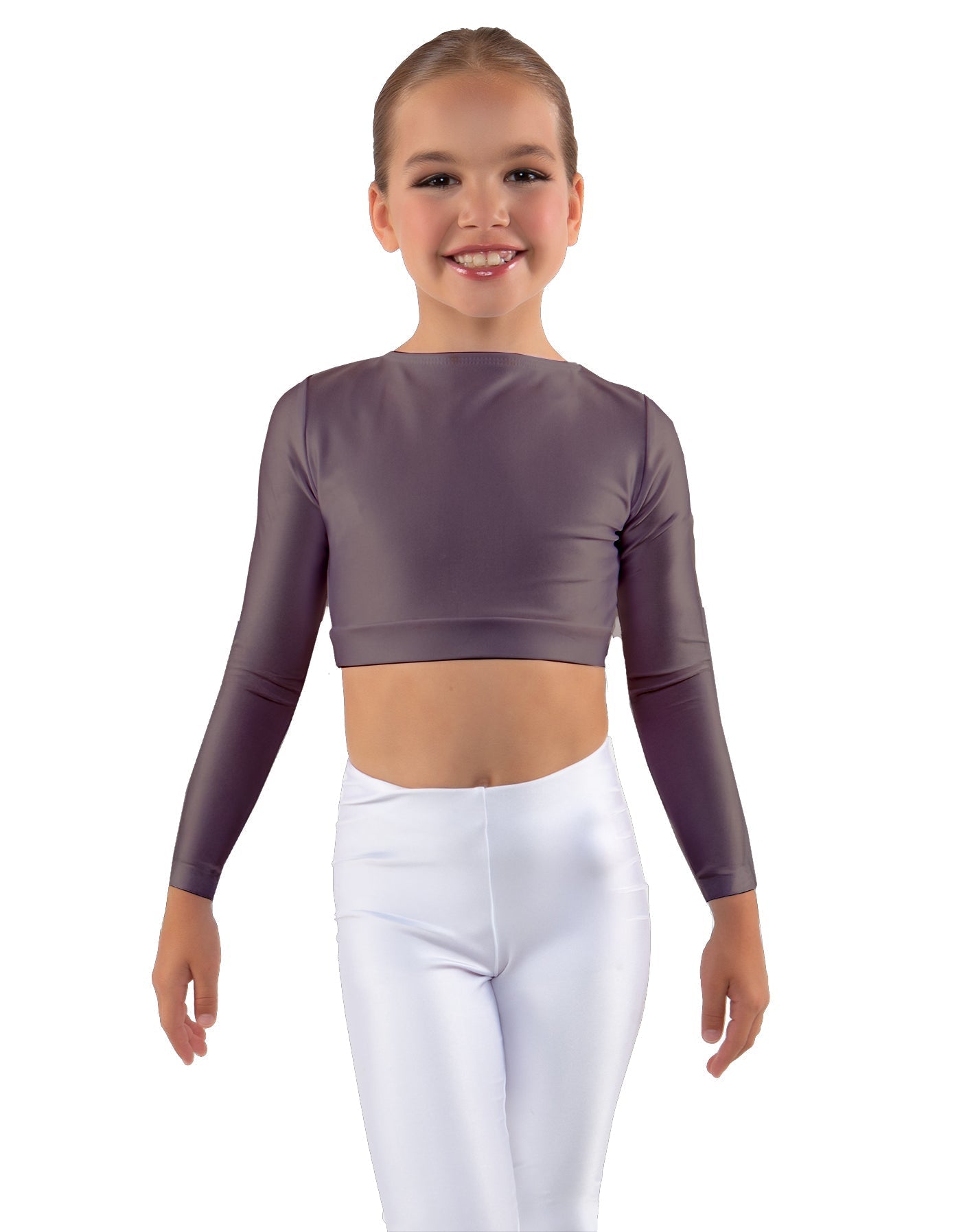 Solid Lycra LS Crew Neck Crop Top