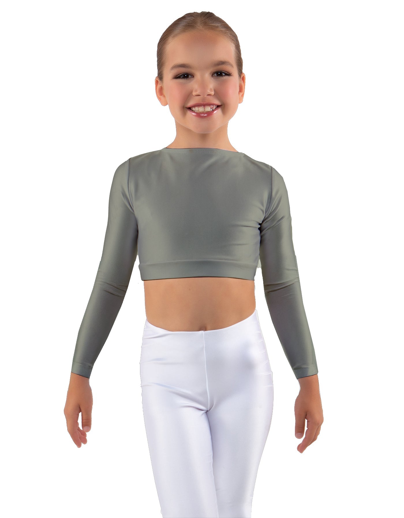 Solid Lycra LS Crew Neck Crop Top