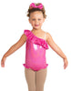 Solid Hologram One Shoulder Leotard with Neck and Leg Ruffle