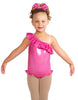 Solid Hologram One Shoulder Leotard with Neck and Leg Ruffle