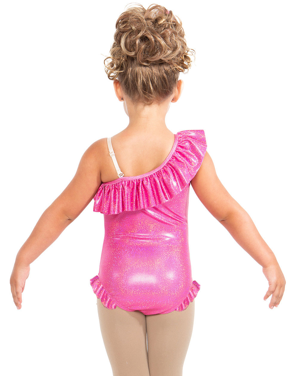 Solid Hologram One Shoulder Leotard with Neck and Leg Ruffle