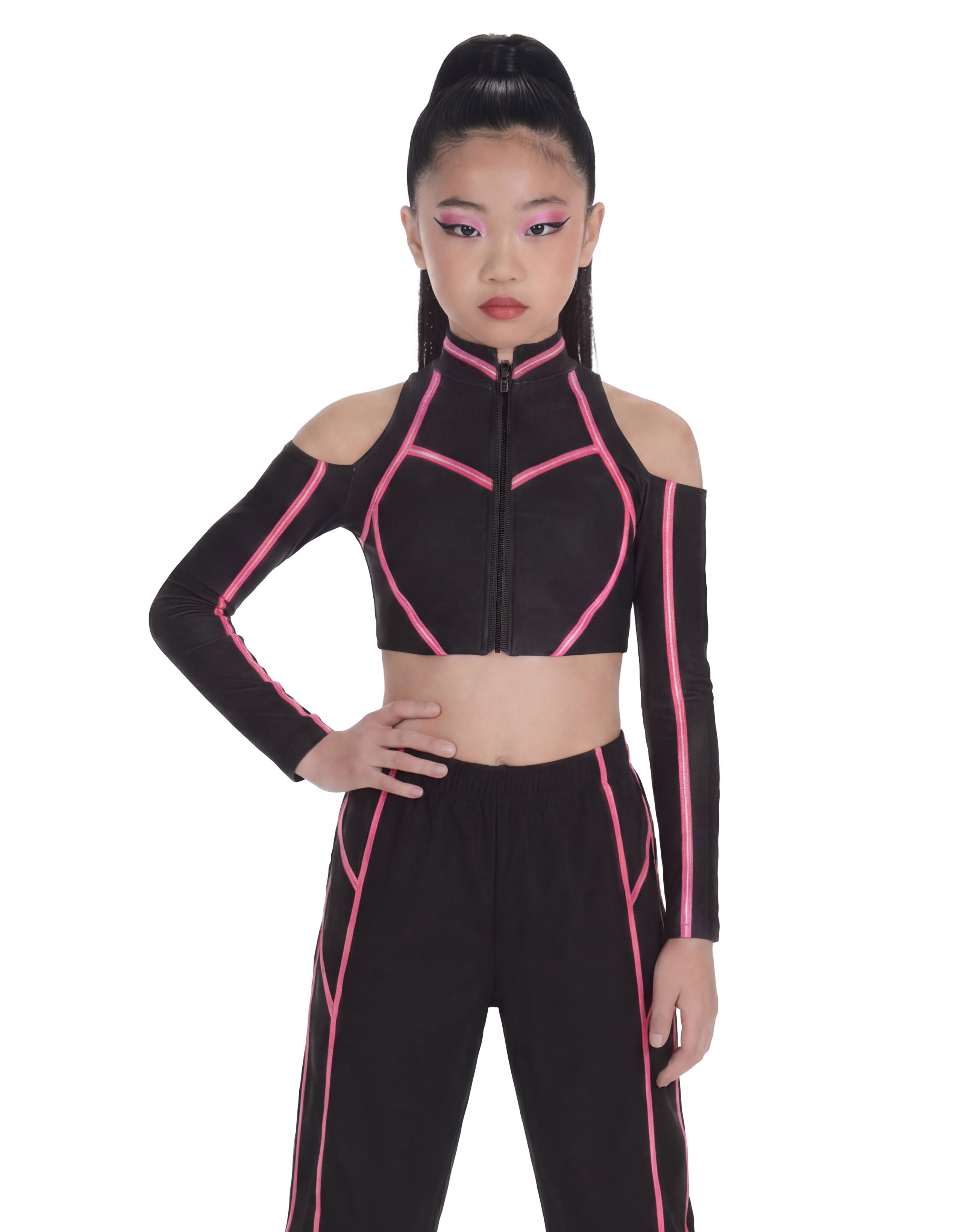 BlackPink Full Zip Front LS TNeck Cold Shoulder Crop Top
