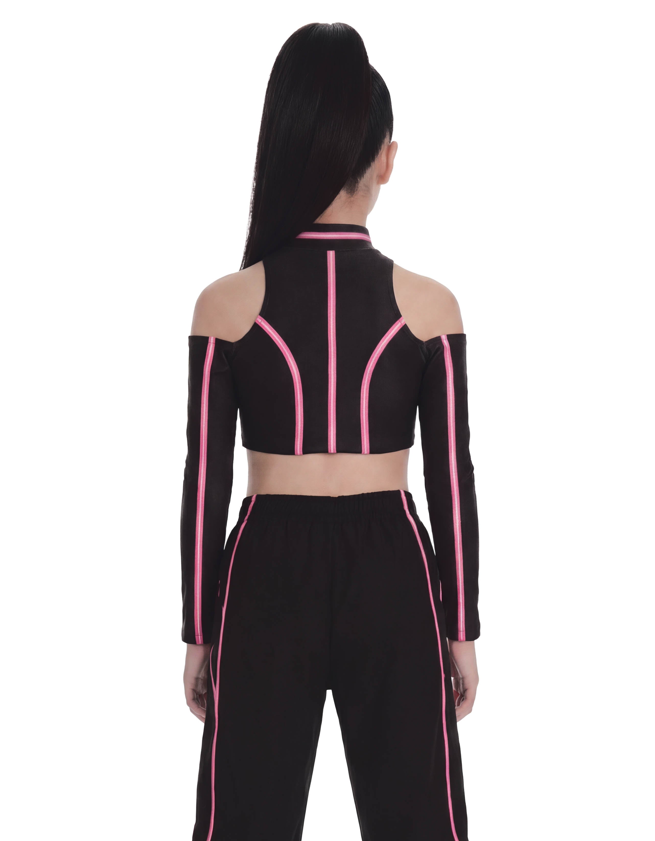 BlackPink Full Zip Front LS TNeck Cold Shoulder Crop Top