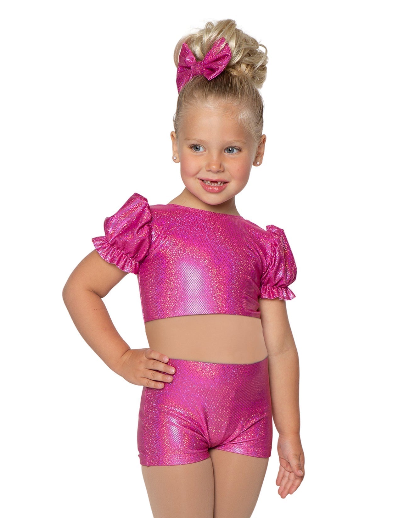 Solid Hologram Puff Sleeve Crop Top