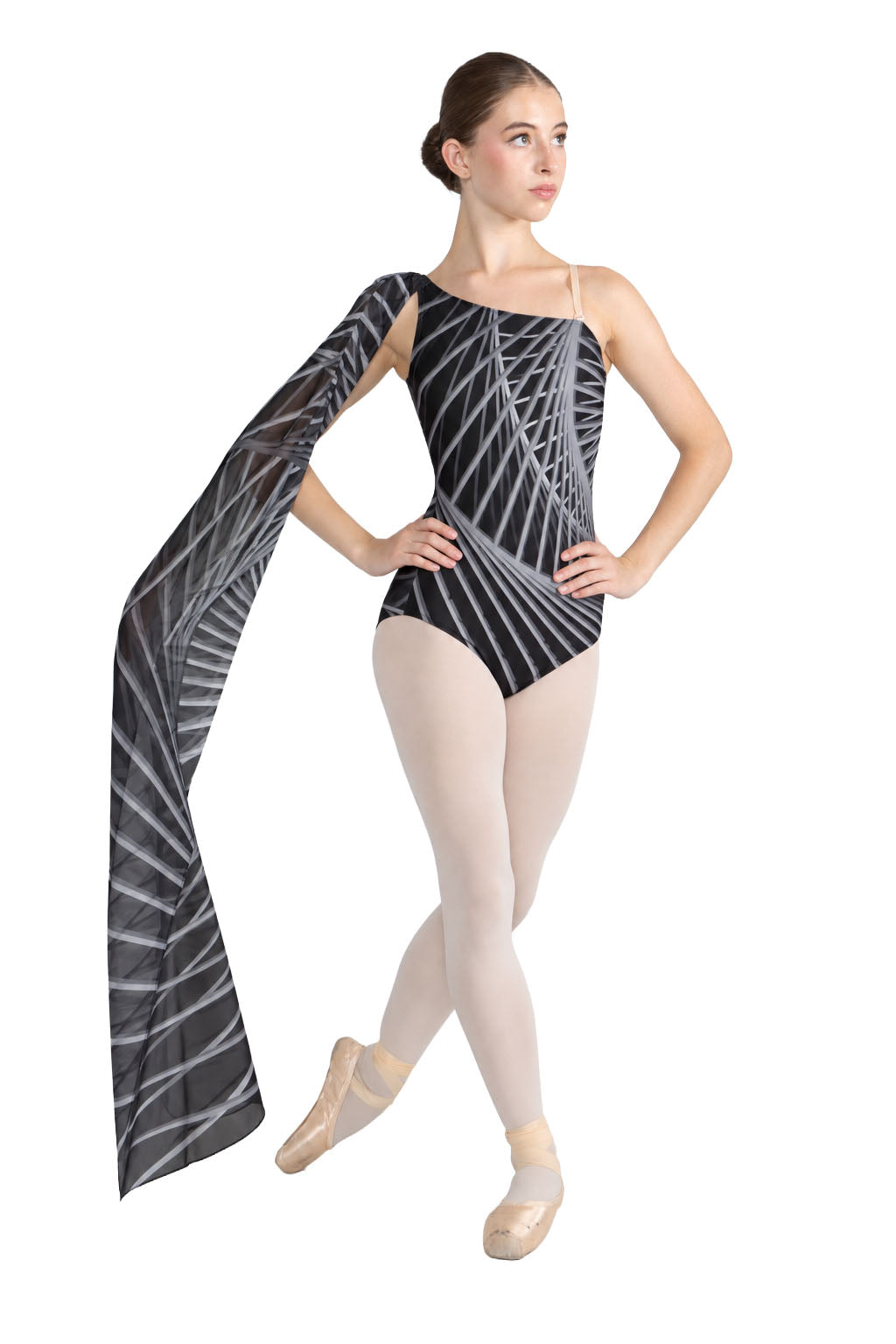 Fractal Black One Shoulder Leotard with Chiffon Sash