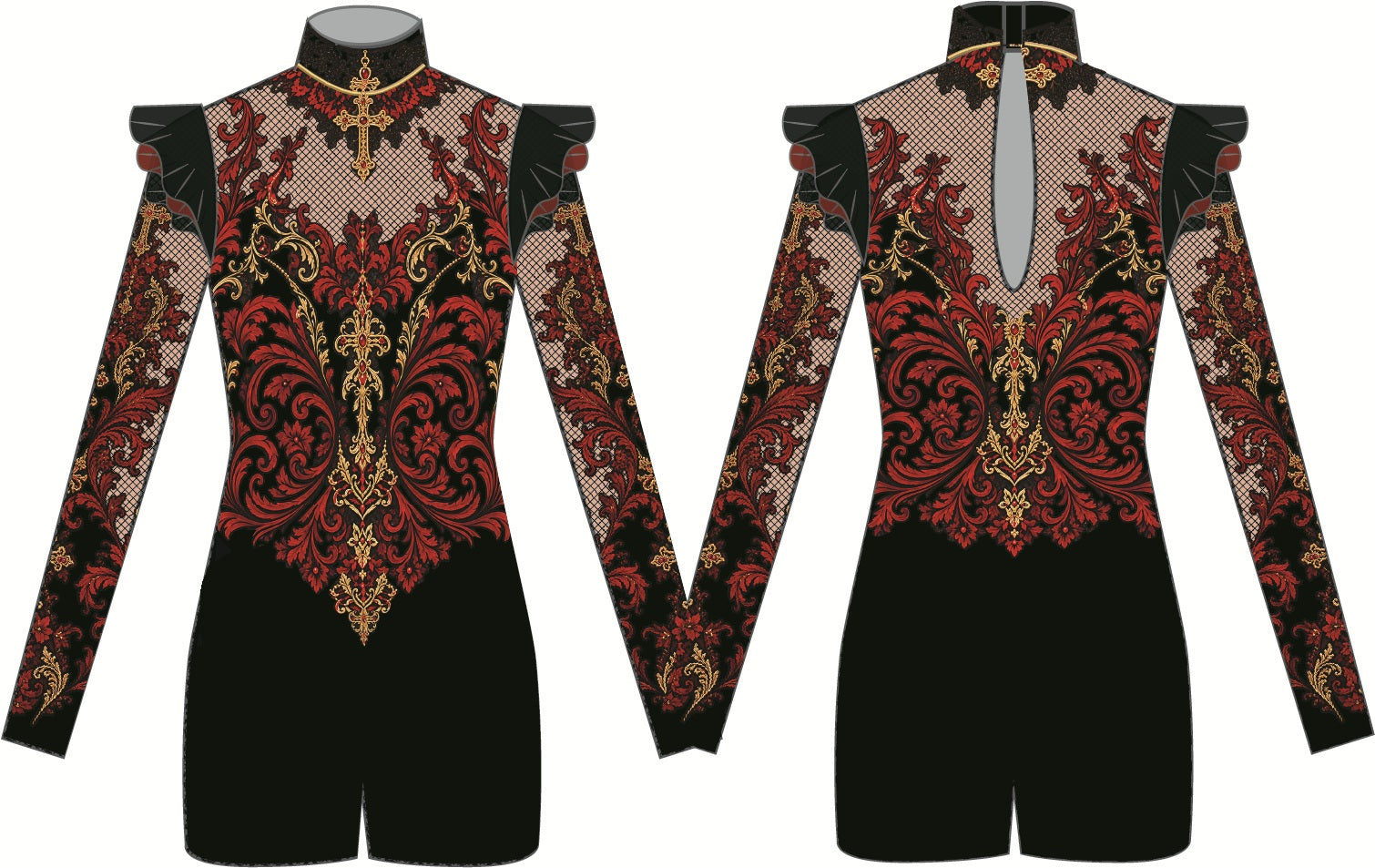 Custom Vintage Vampire LS Tneck Keyhole Back Biketard With Gathered Sleeve