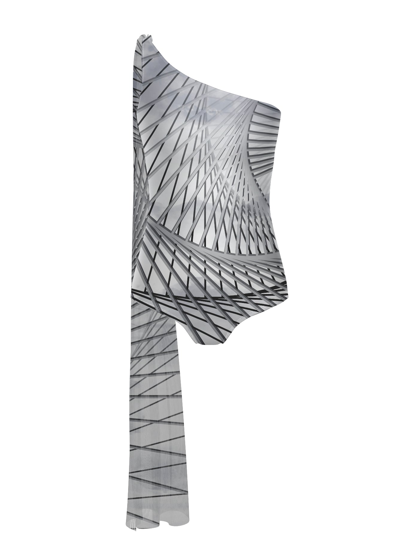 Fractal One Shoulder Leotard with Chiffon Sash